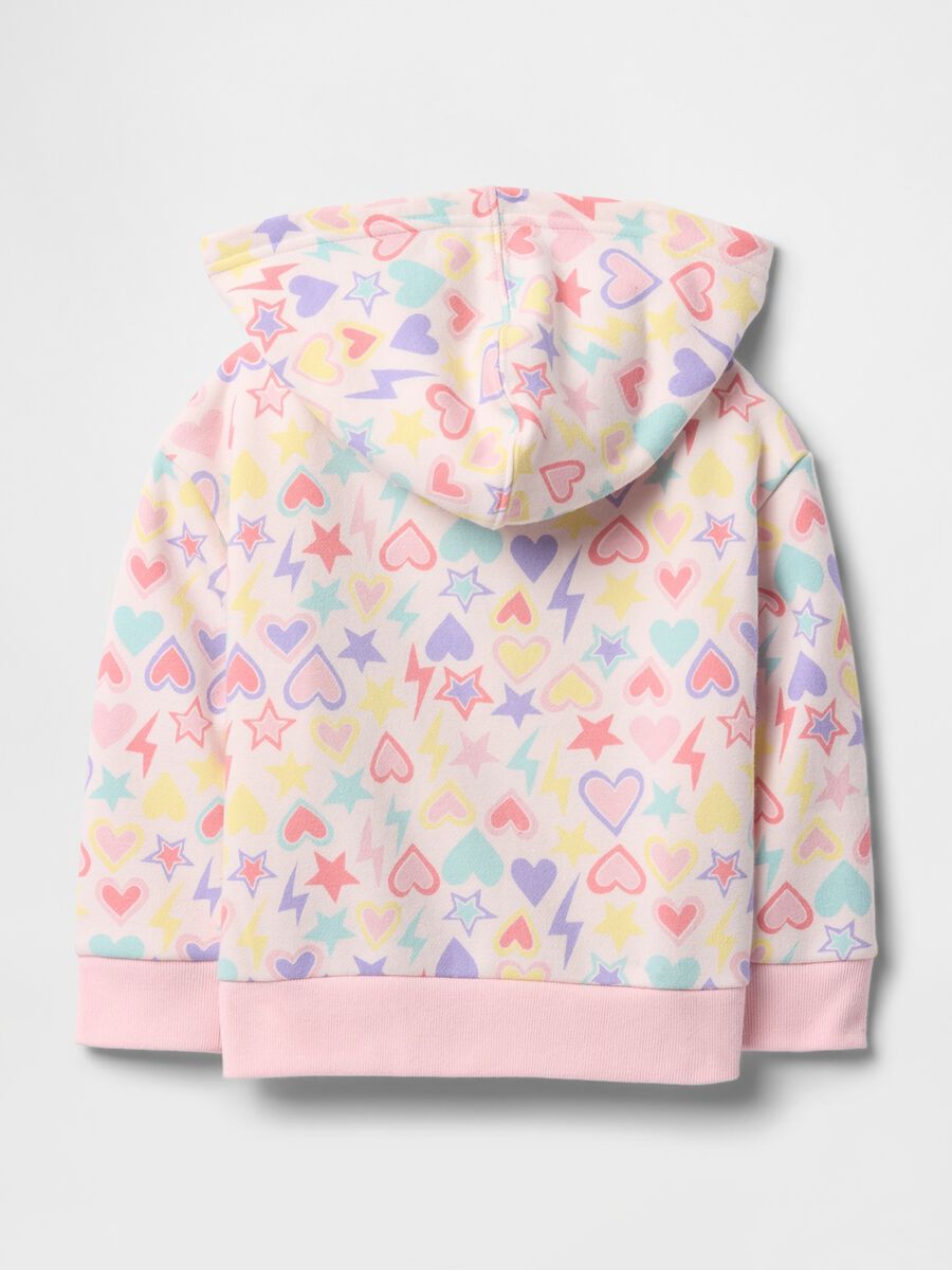 Pink full-zip sweatshirt with hood, hearts and stars print and logo embroidery_1