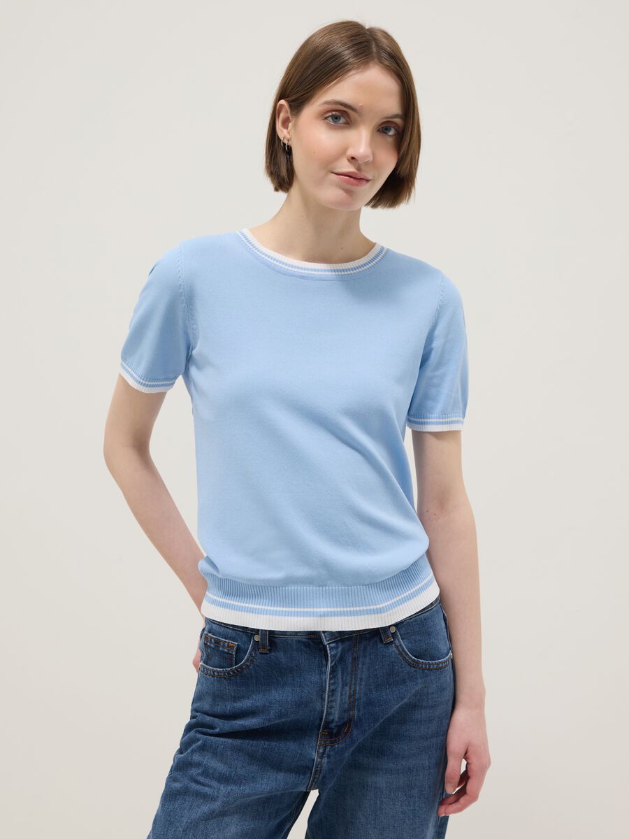 Blue viscose blend regular fit t-shirt with contrasting collar_0