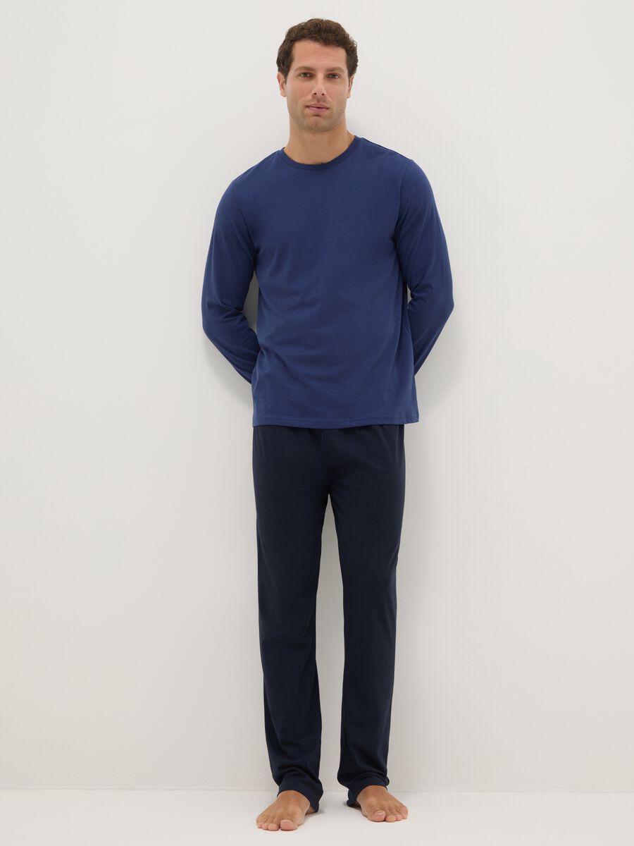 Blue crew neck long sleeve pyjama in pure cotton regular fit_0