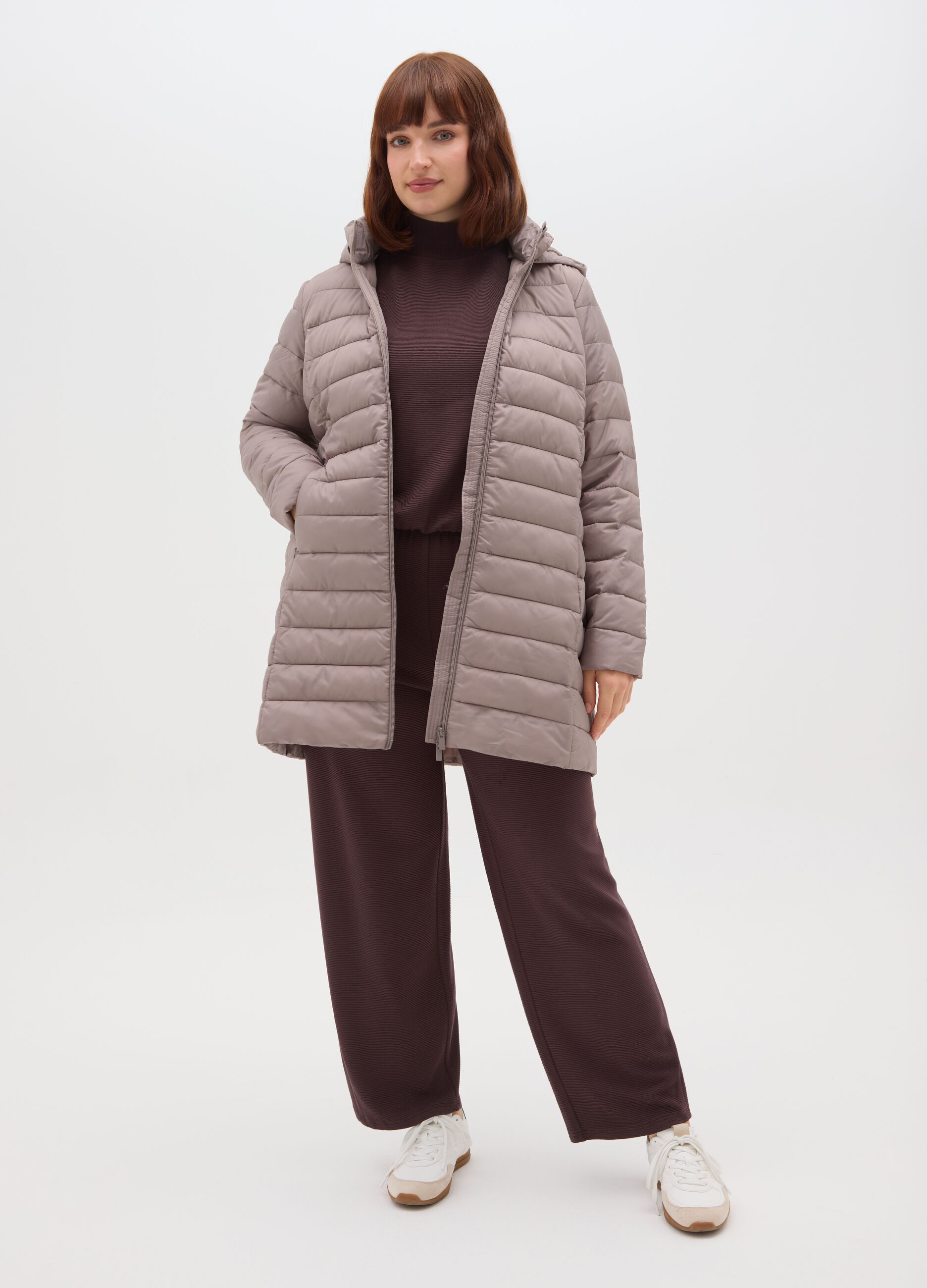 Beige padded jacket regular fit with hood