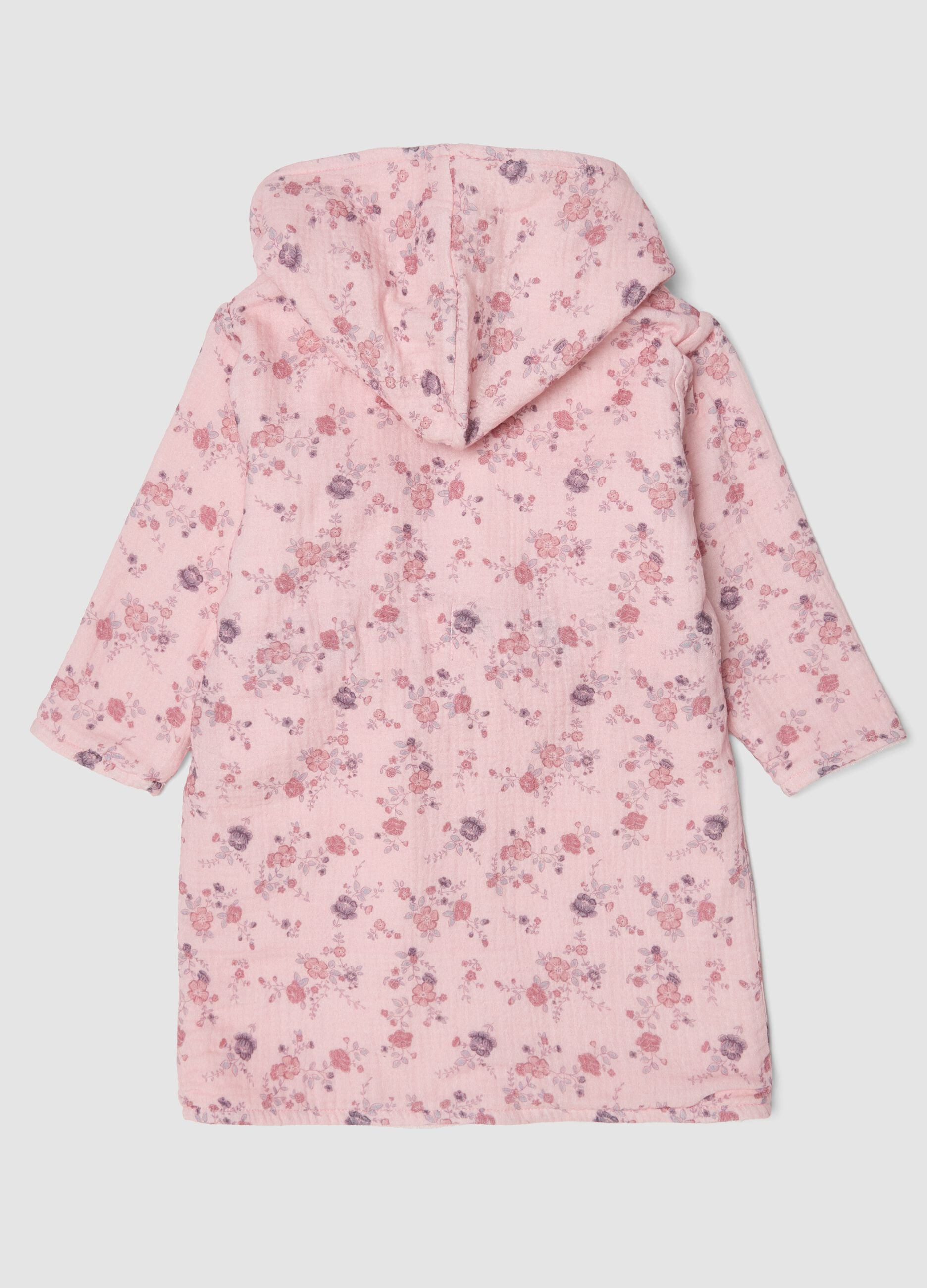 Pink floral organic cotton hooded bathrobe for baby girl