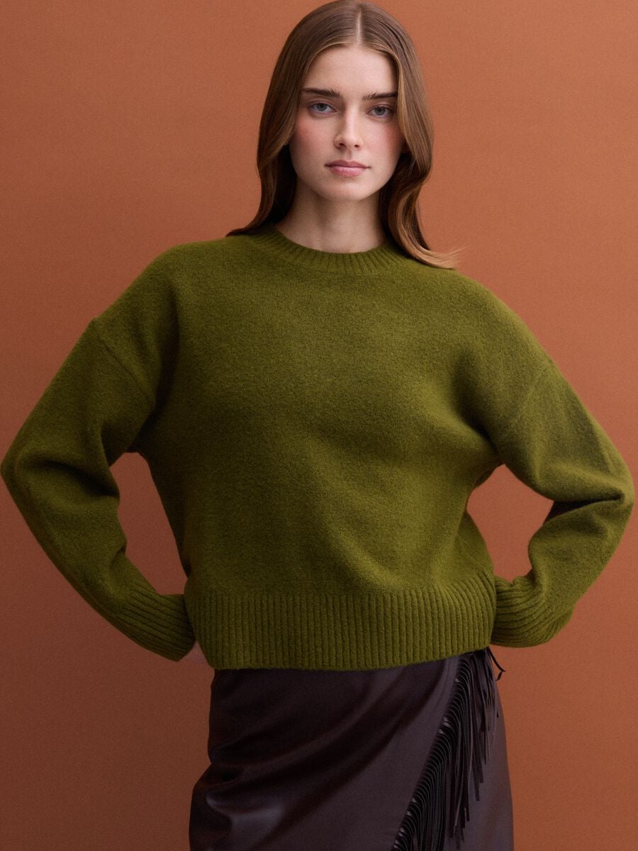 Olive green stretch wool crew-neck jumper_0