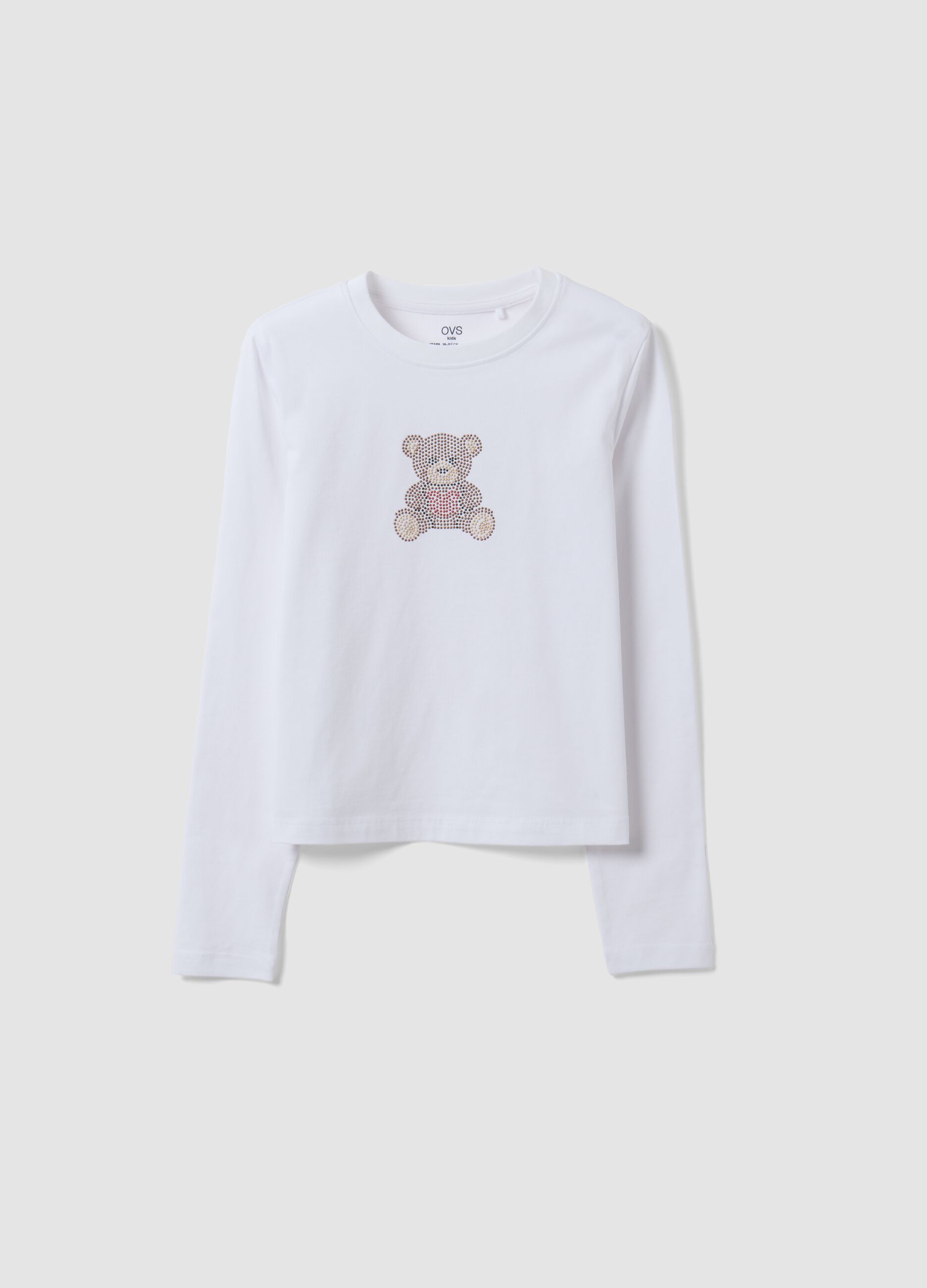 White pure cotton crew-neck T-shirt with teddy bear print for girls