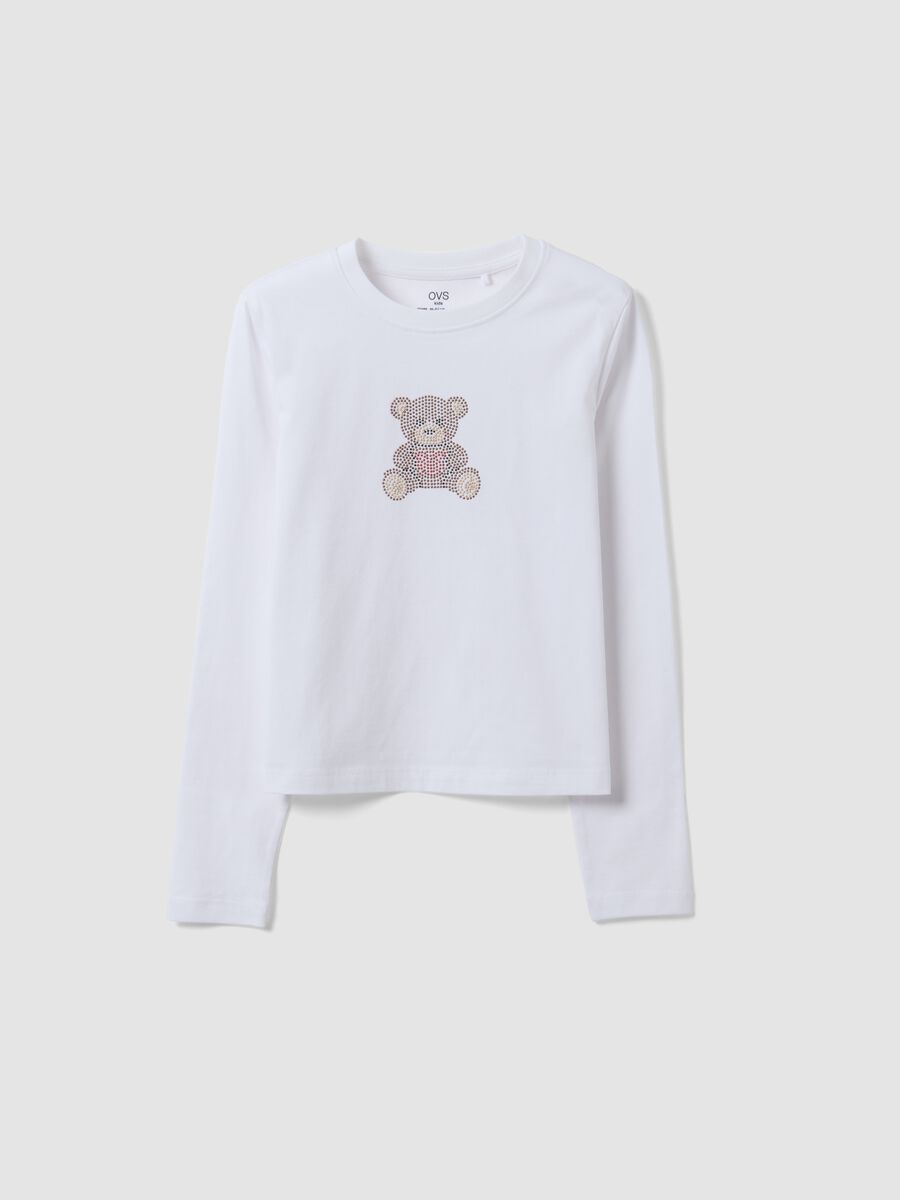 T-shirt bianca in puro cotone con girocollo e stampa orsetto per ragazza_3