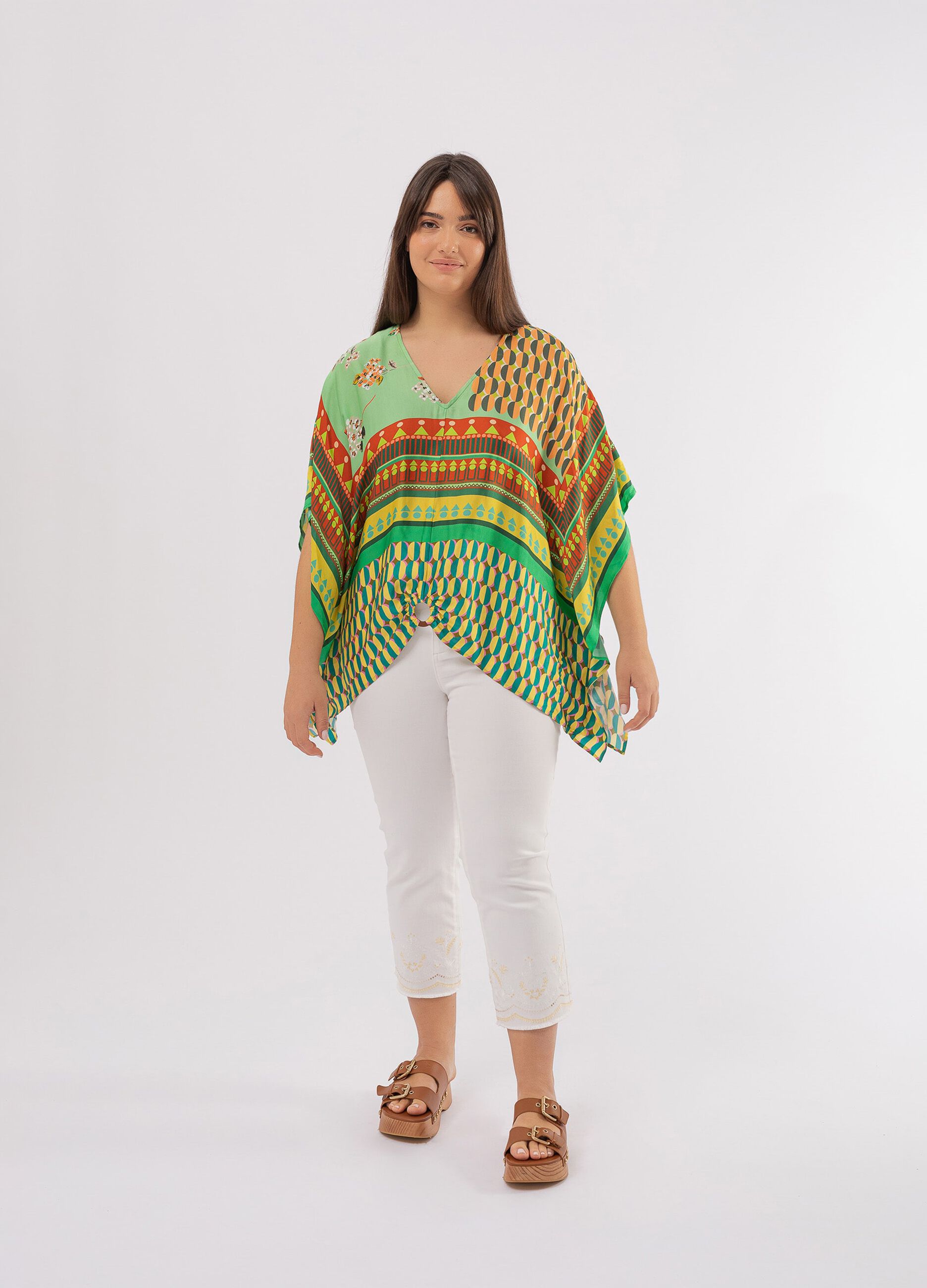 Poncho con anello stampa multicolore Curvy