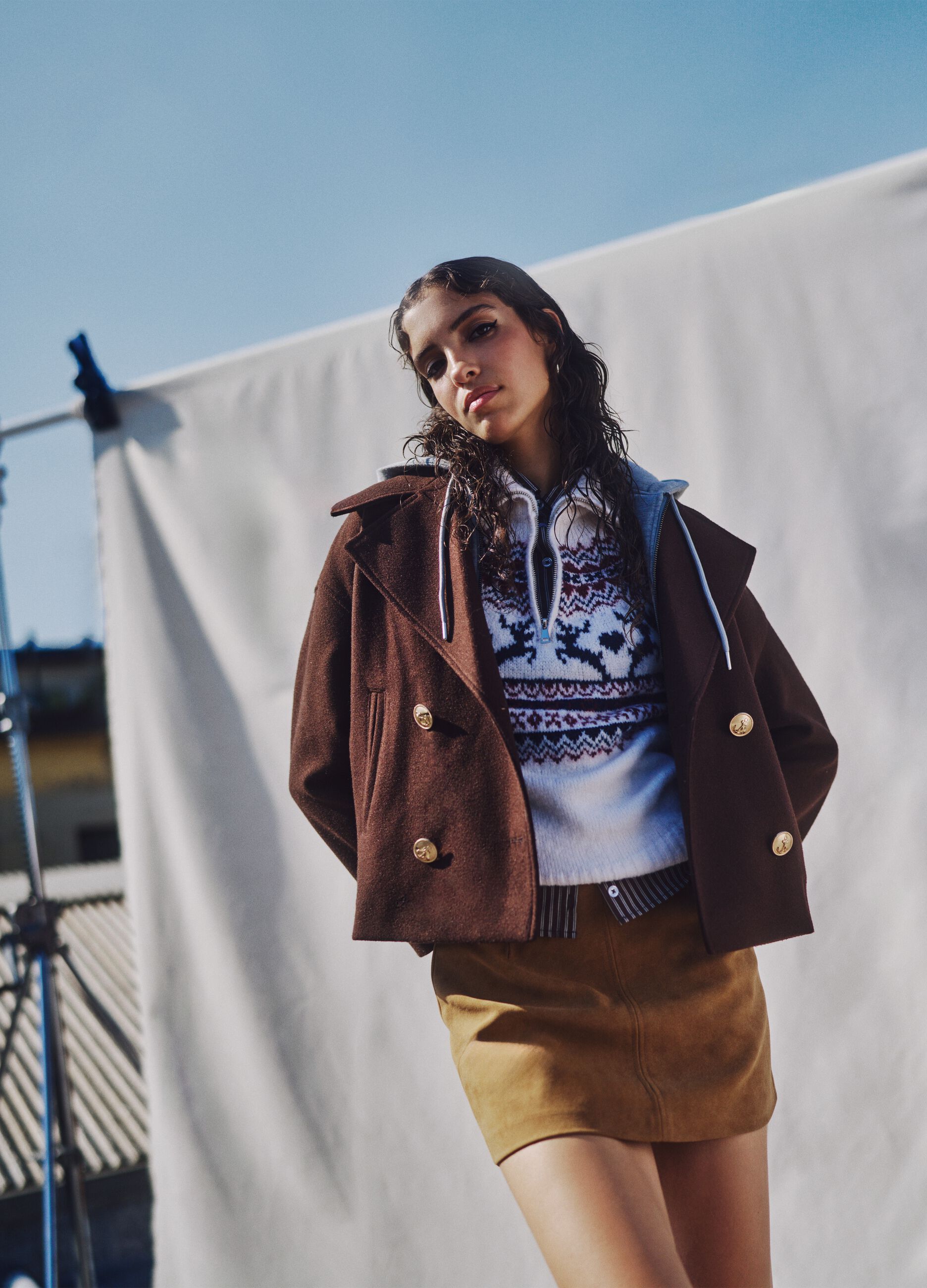 Brown hooded coat with oversized fit