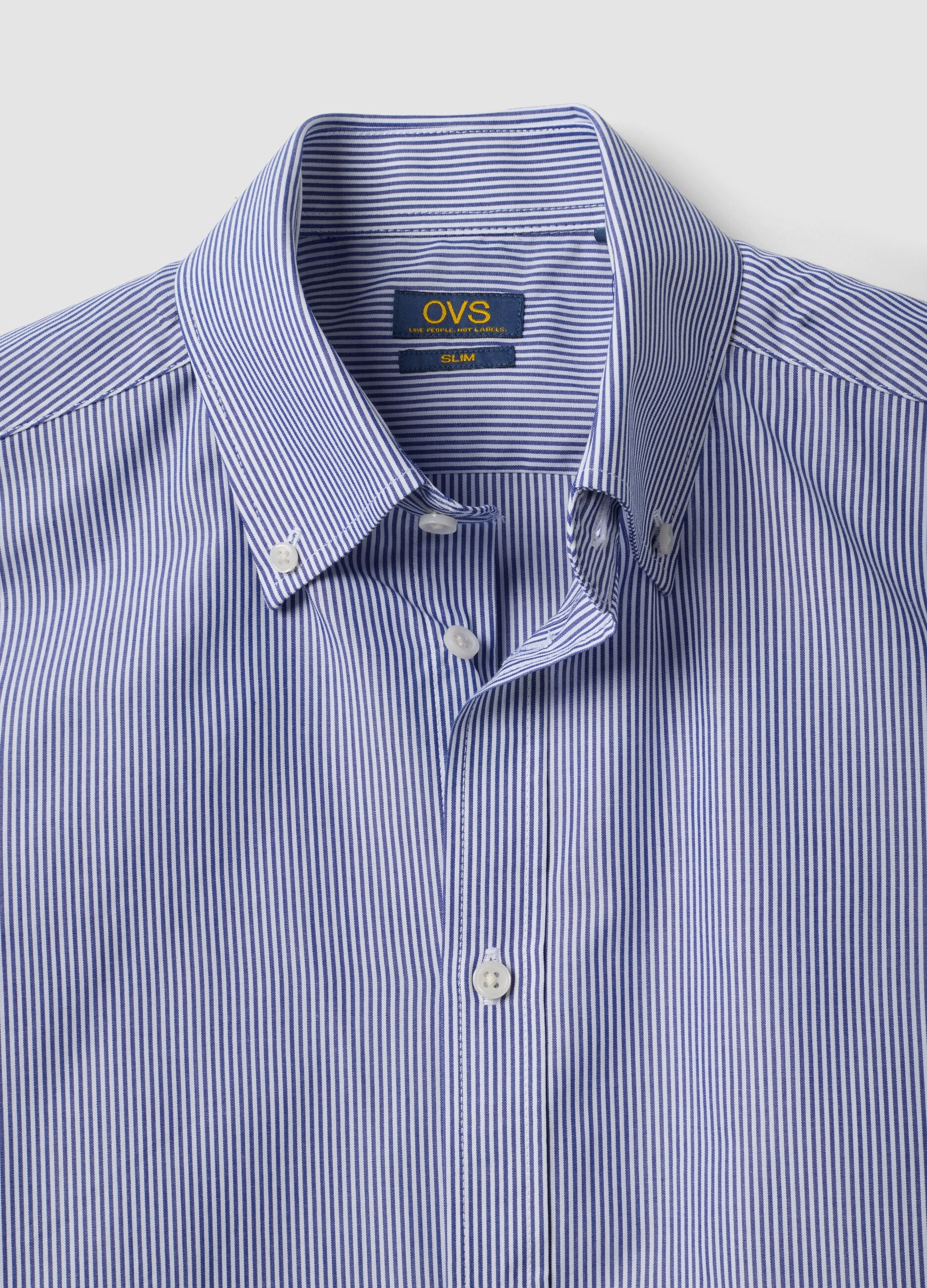Blue striped cotton-blend button-down shirt, easy iron, slim fit