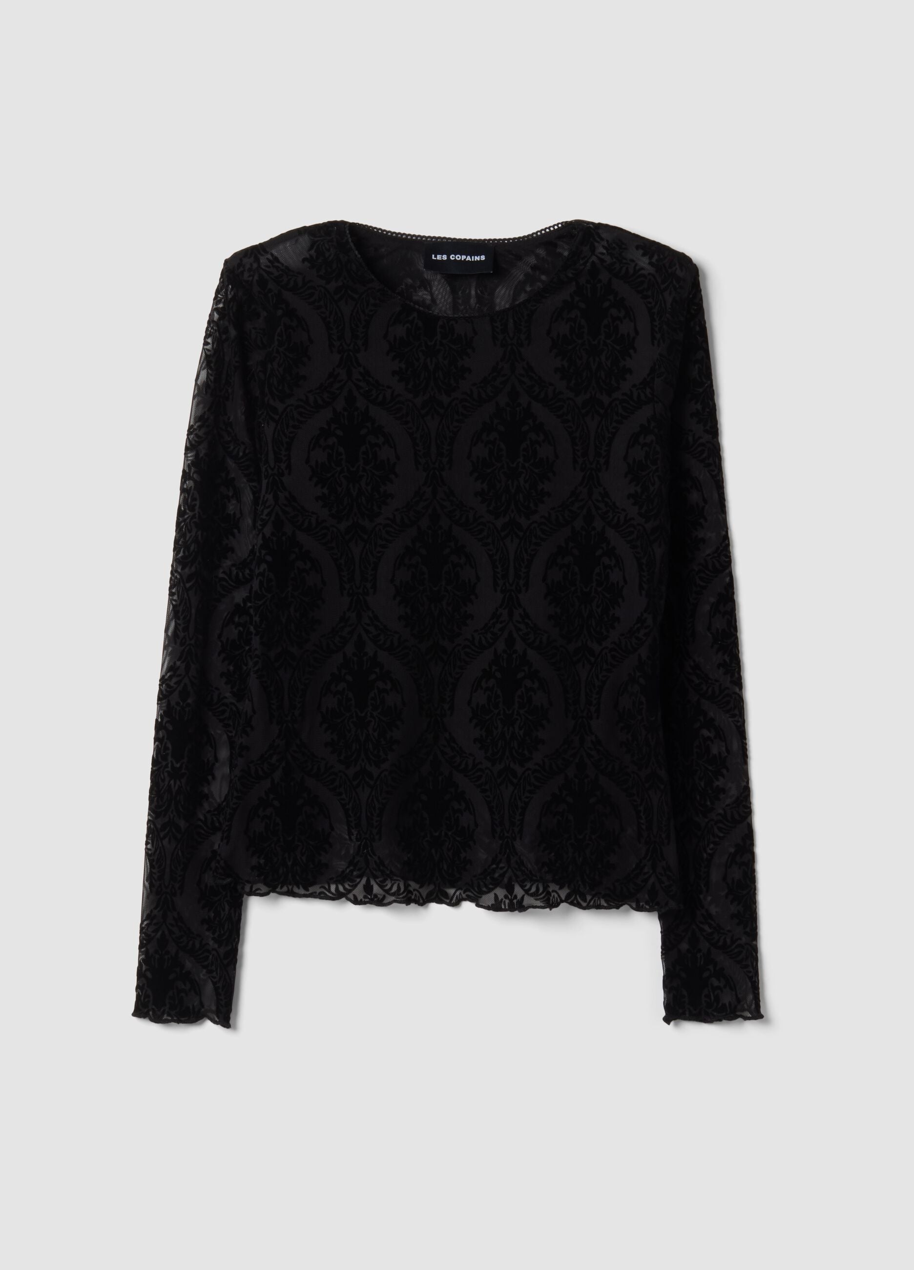 T-shirt nera in tessuto elasticizzato trasparente con fantasia regular fit