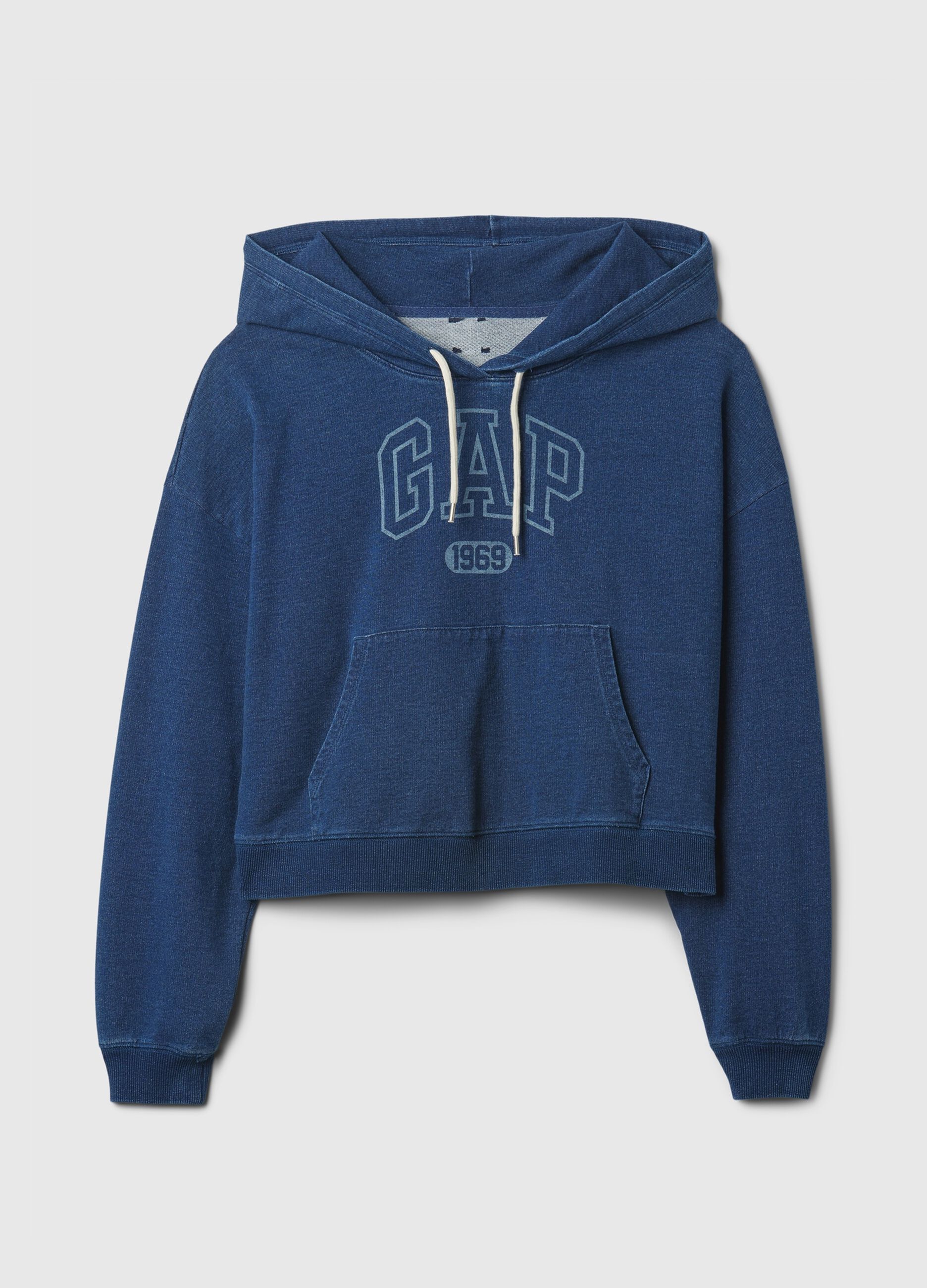Felpa over cropped in denim stampa logo