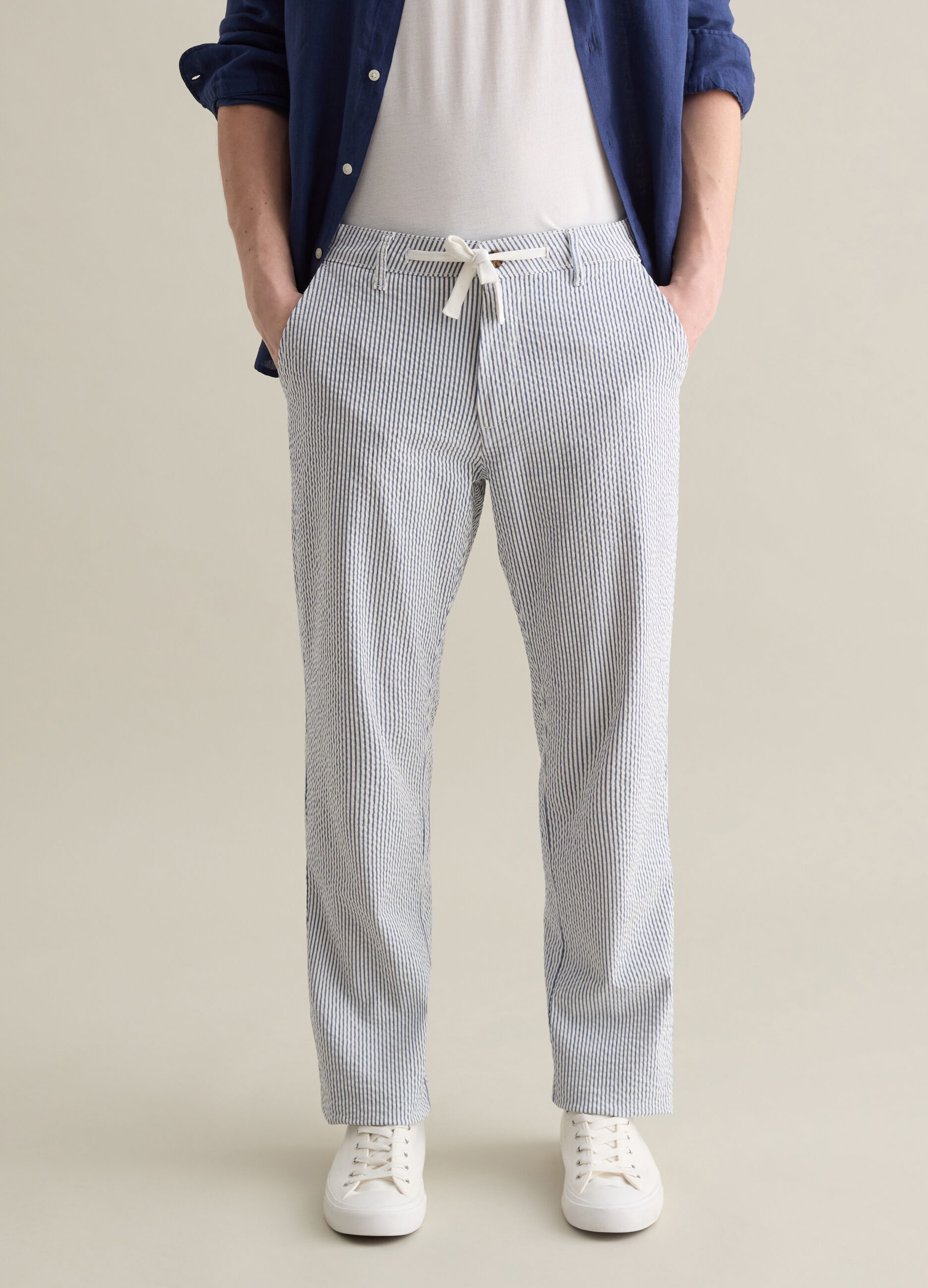 Seersucker chino trousers with white and blue stripes