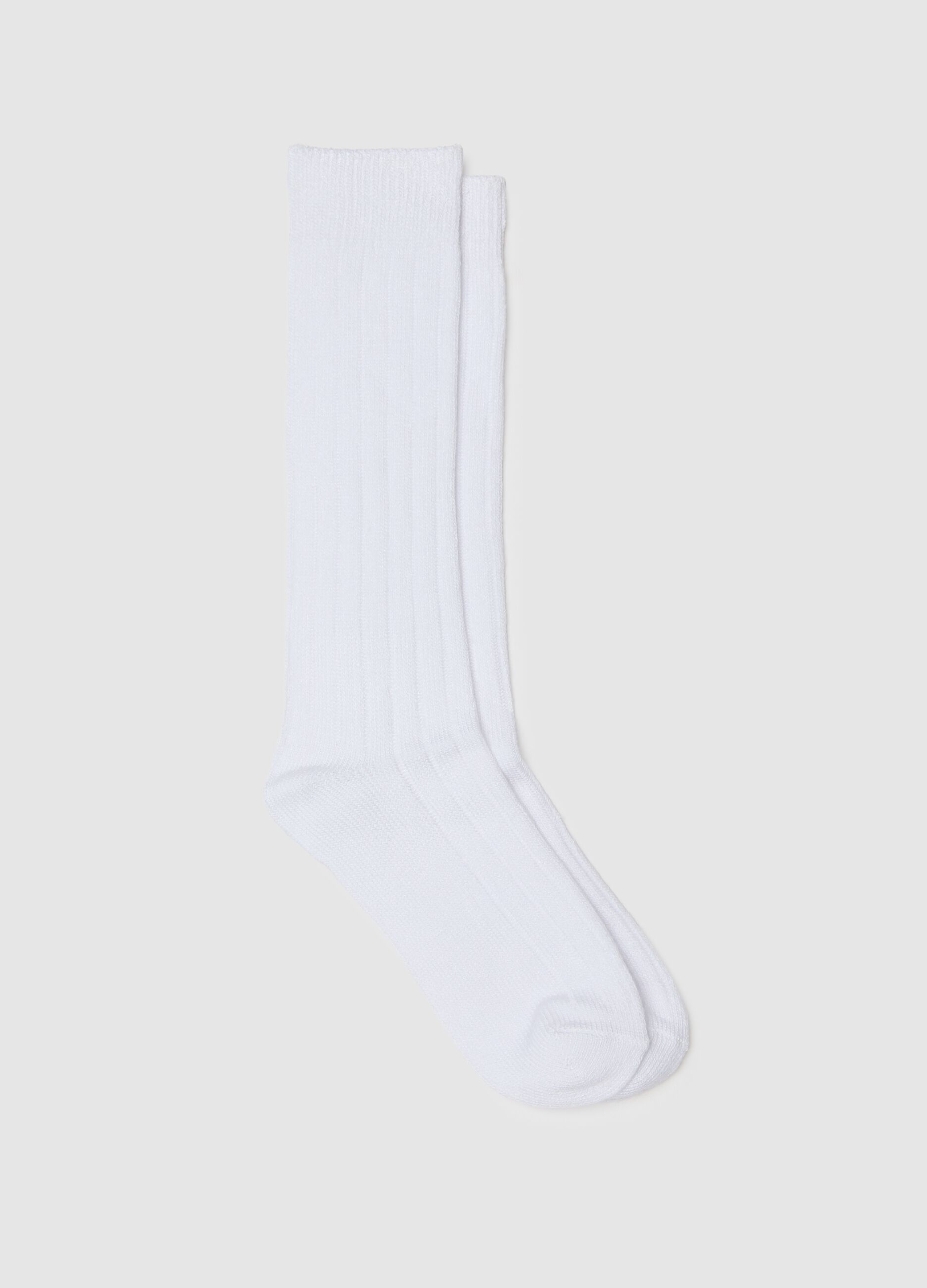 White Ribbed Stretch Long Socks