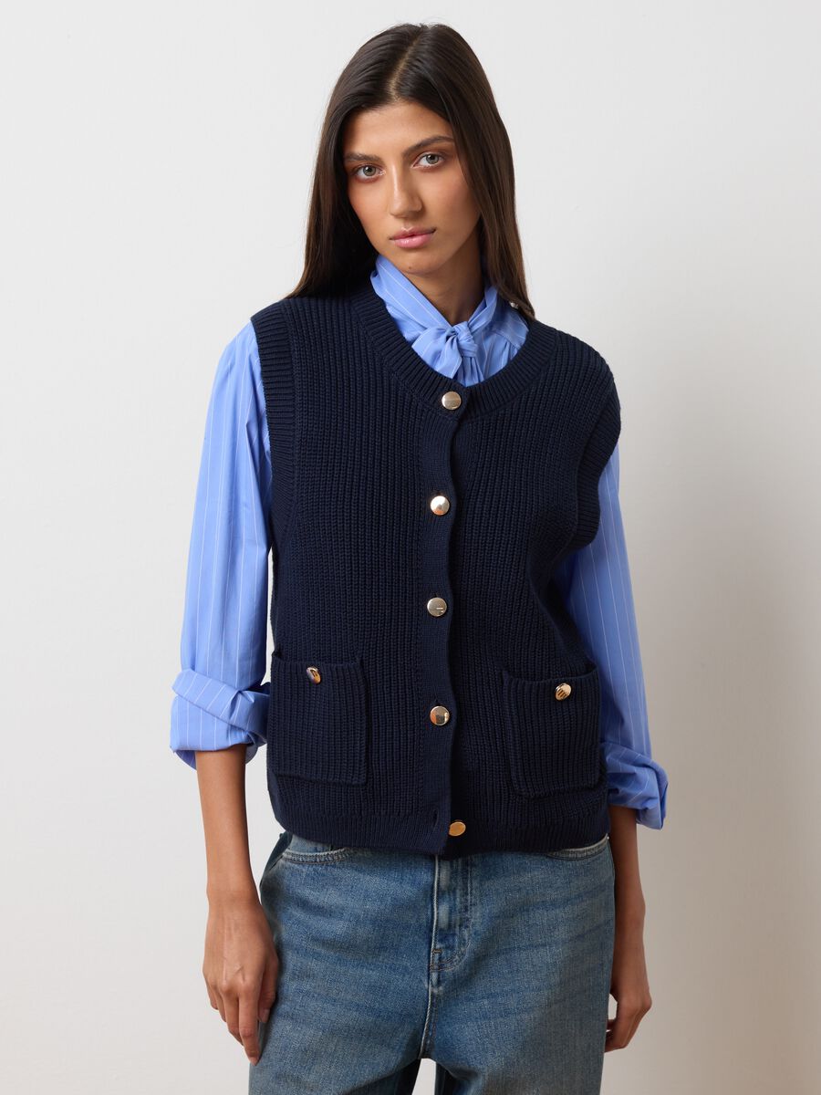 Regular fit blue pure cotton vest with buttons_1