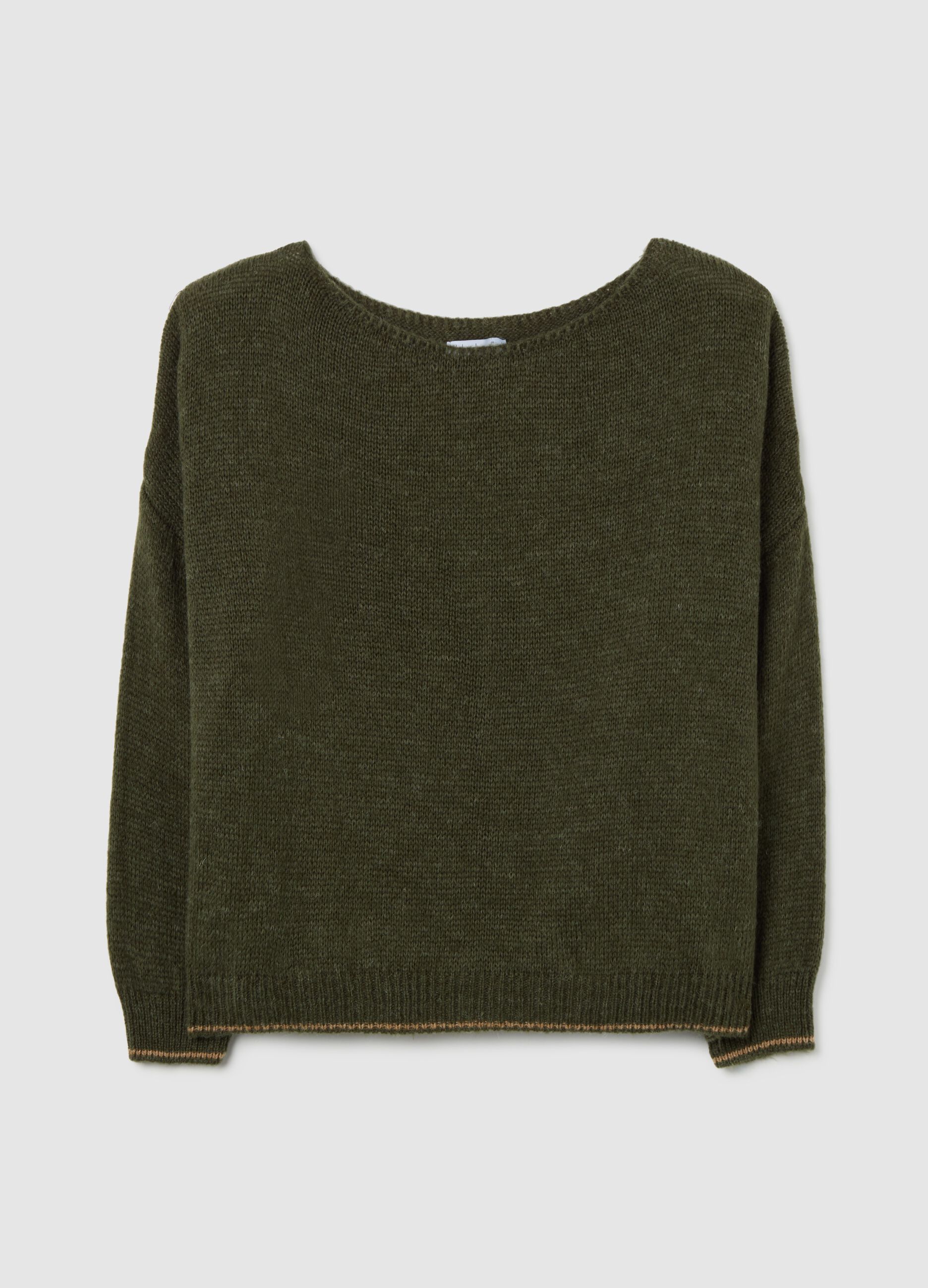 Maglia verde scura con scollo rotondo e bordo a contrasto