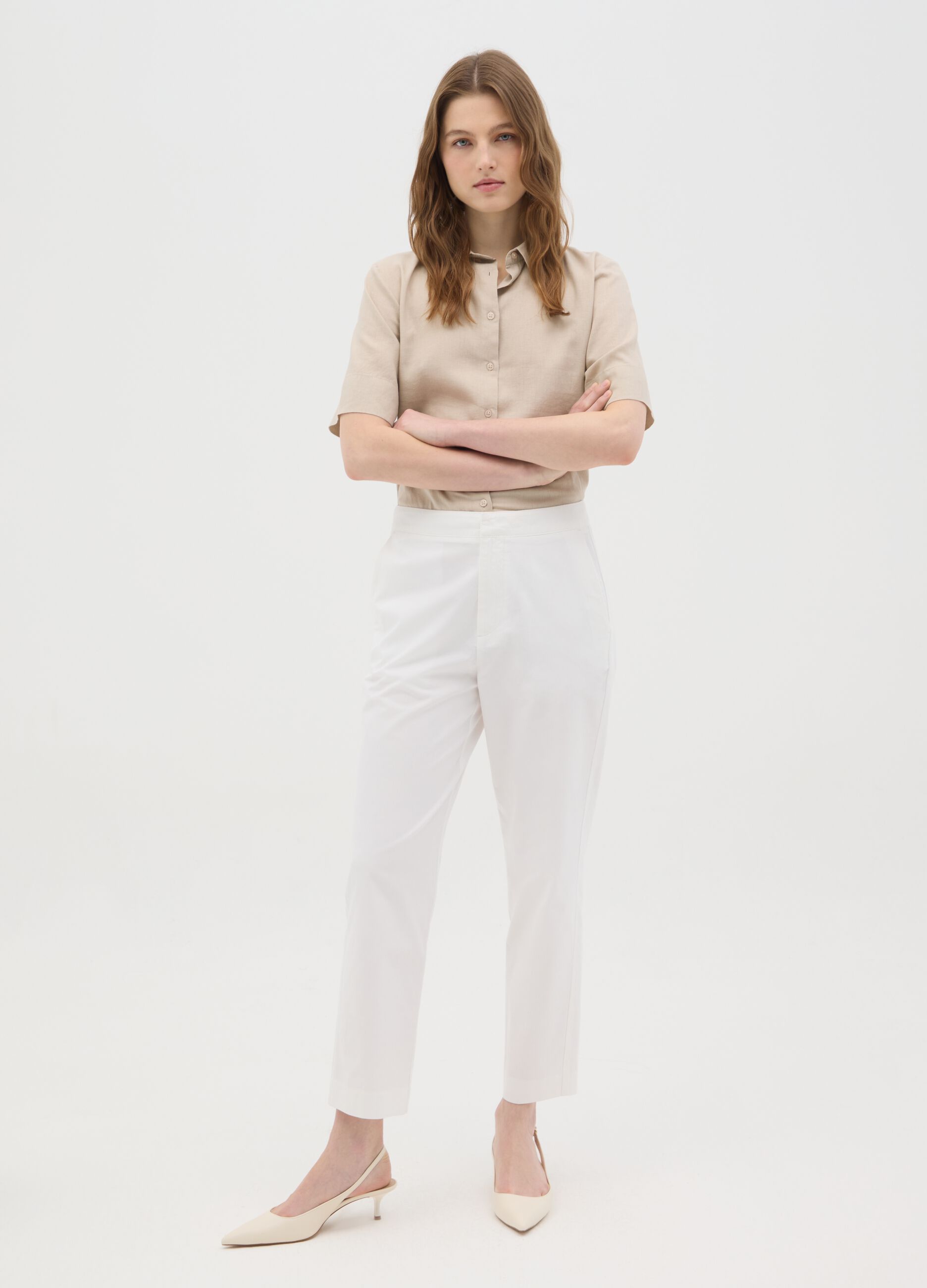 Women's pure white cotton trousers, regular fit with high waist