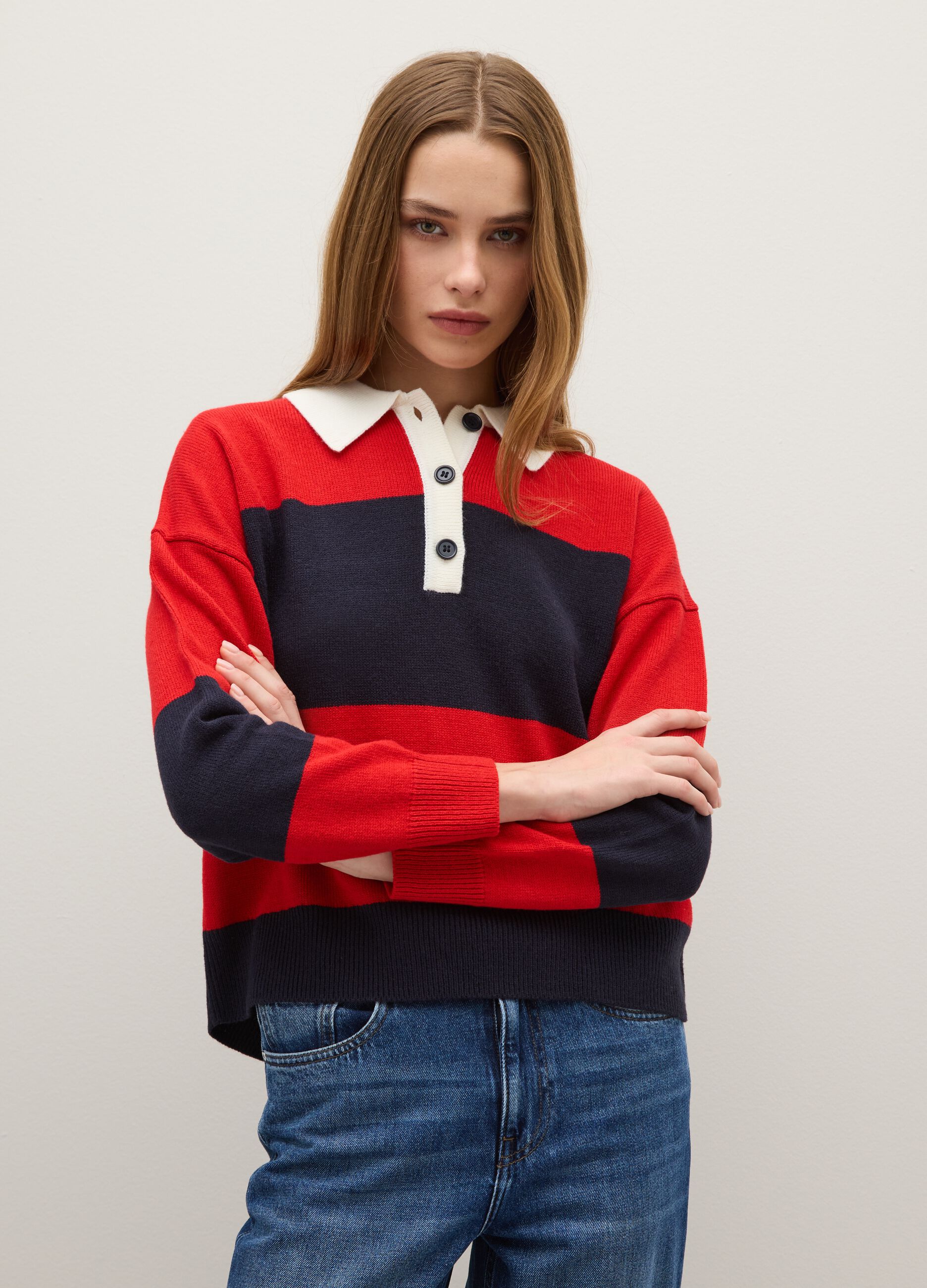 Blue and red striped oversized sweater