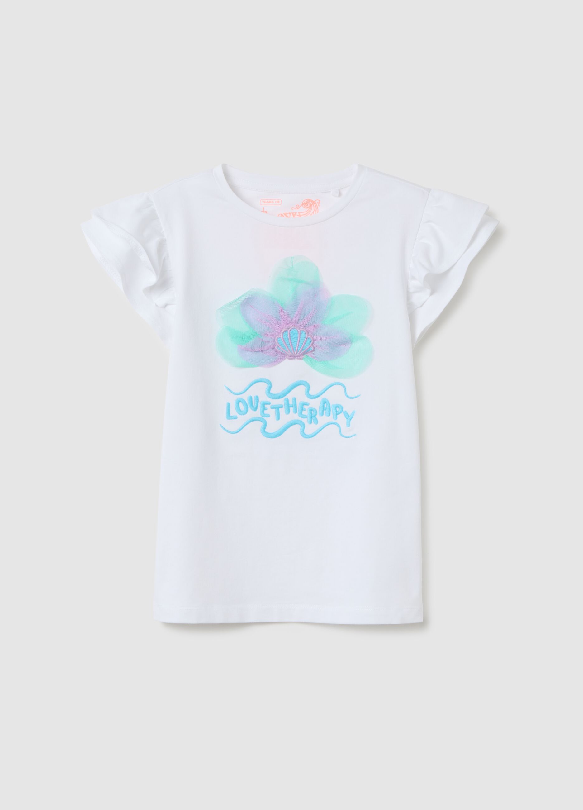 Girls' white stretchy cotton T-shirt