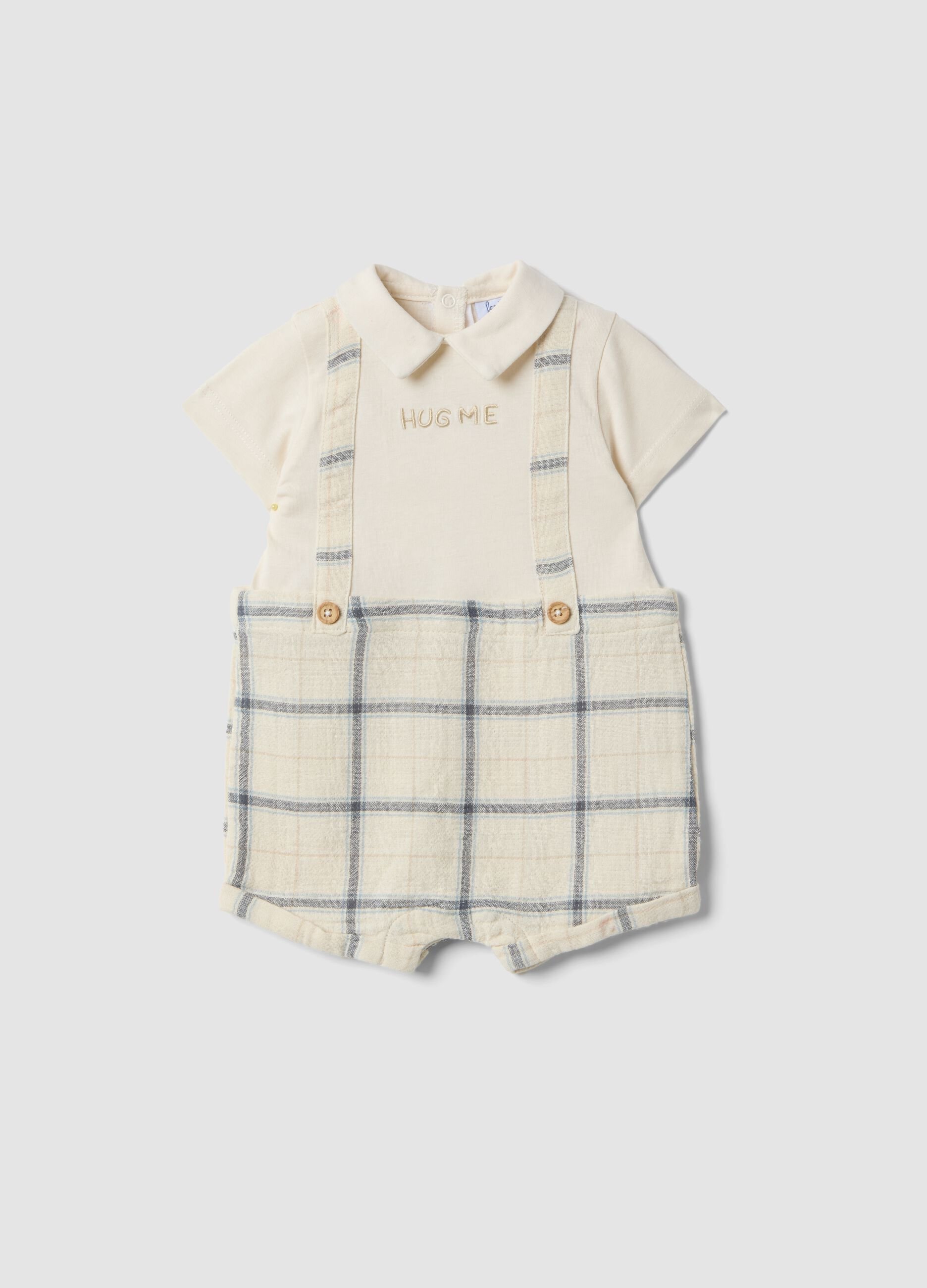 Beige pure cotton baby romper with checked pattern and collar