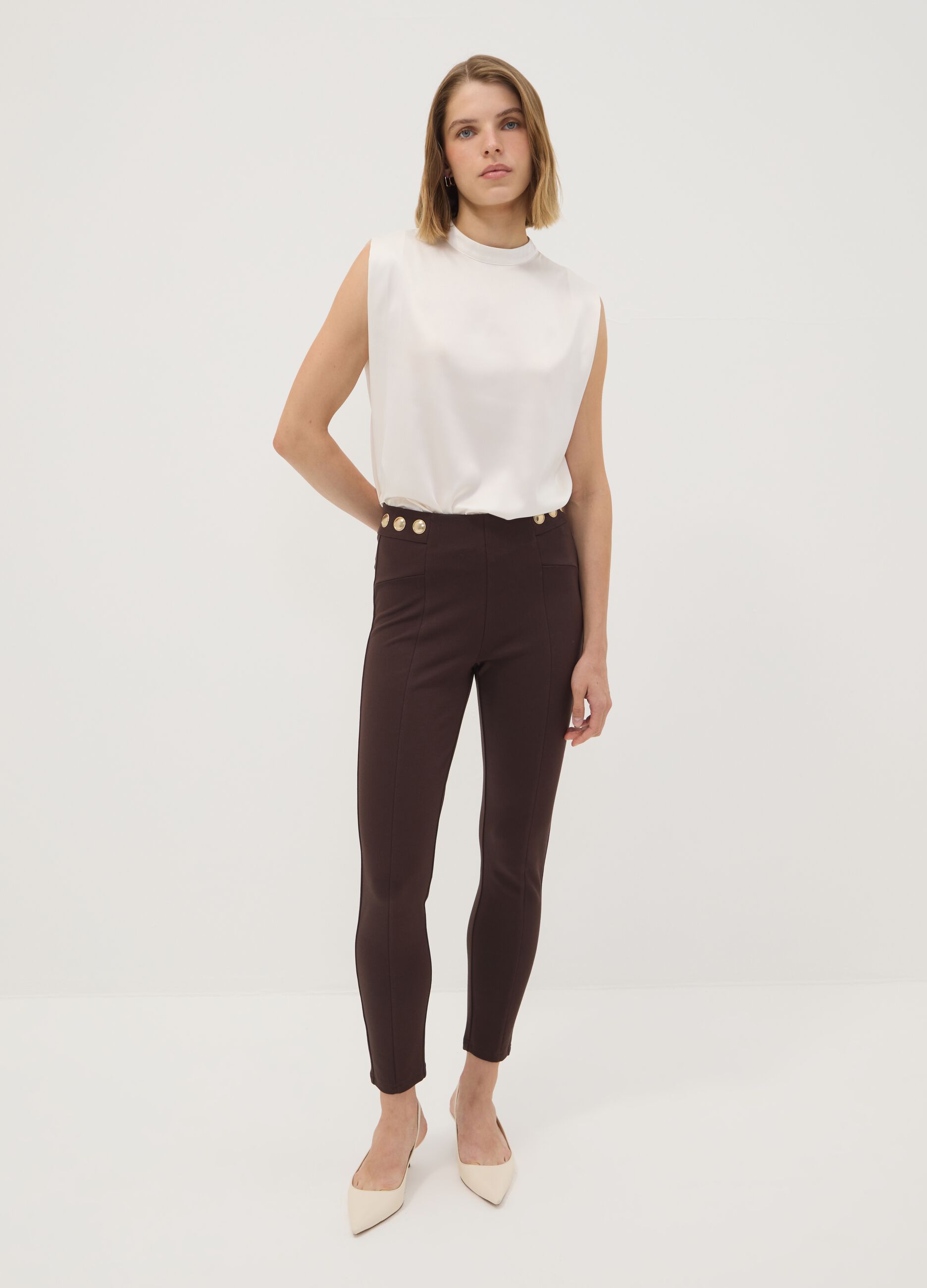 Leggings marroni in punto Milano di viscosa elasticizzata skinny fit
