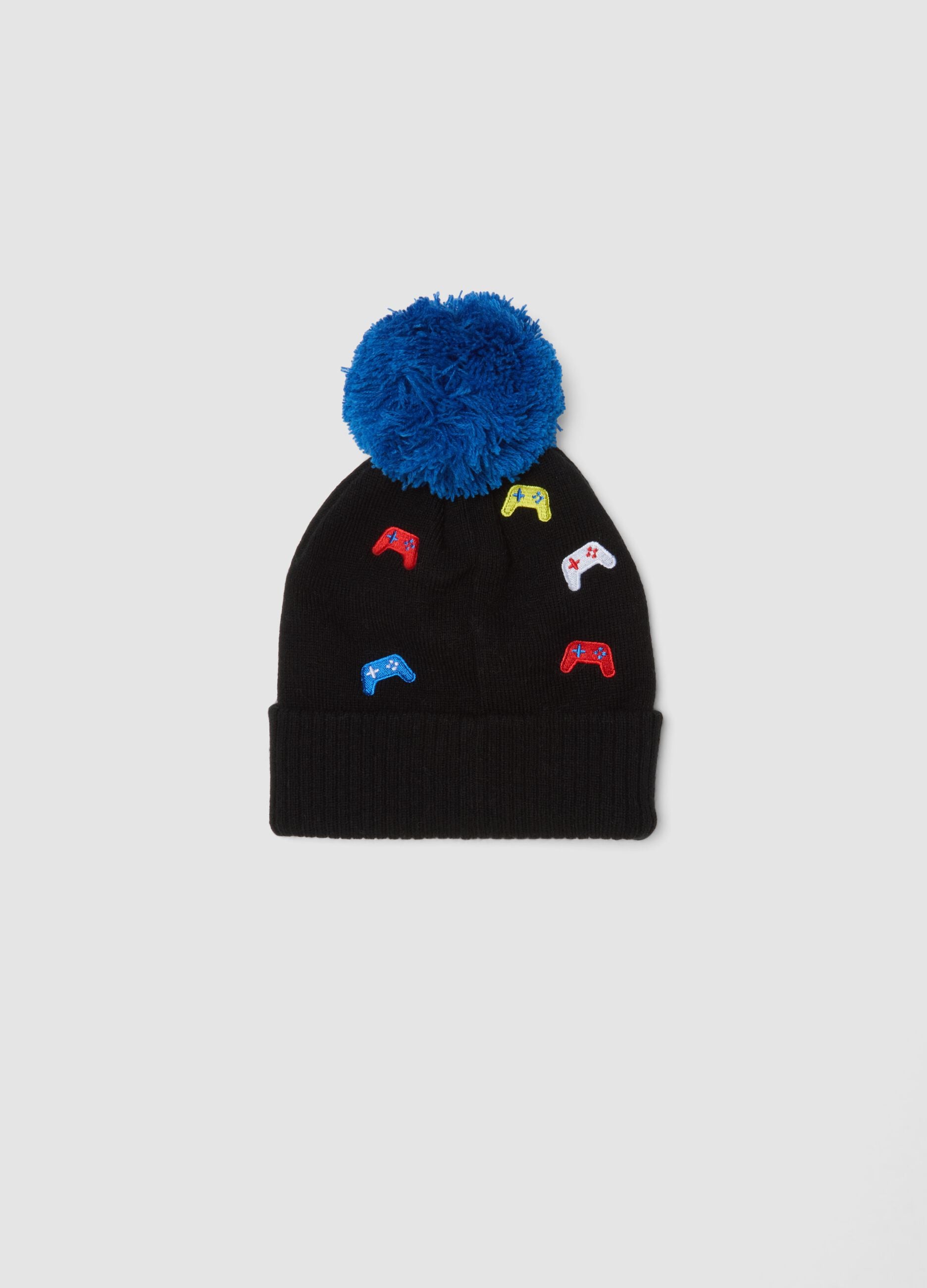 Black hat with blue pompom