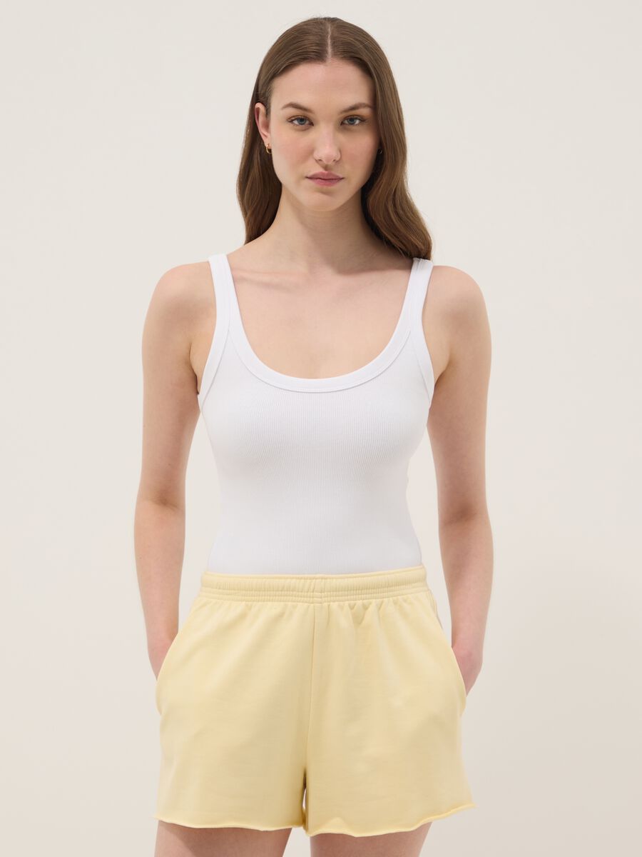 White ribbed stretch-cotton bodysuit with wide neckline_0
