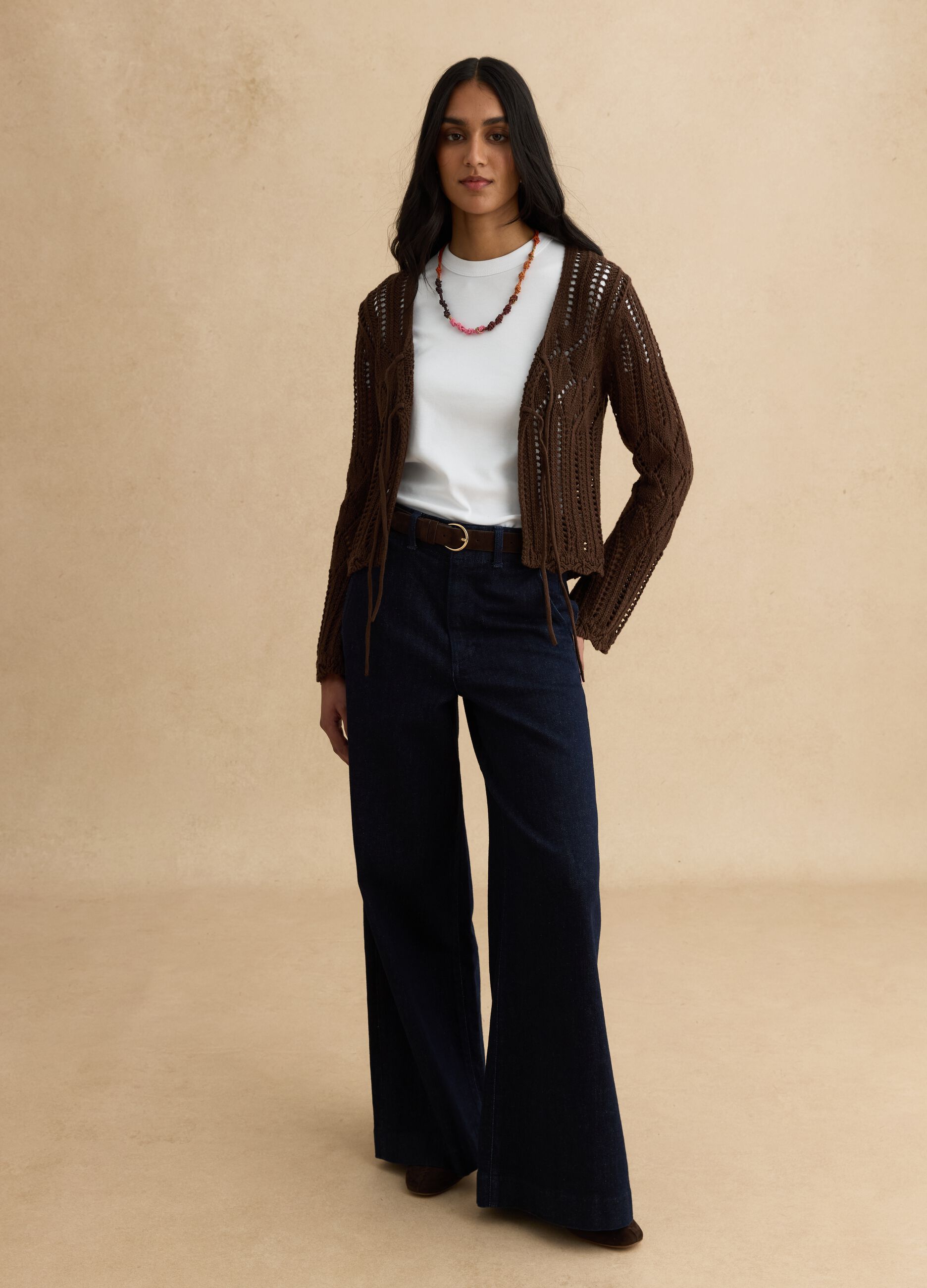 Brown pure cotton regular fit deep V openwork cardigan