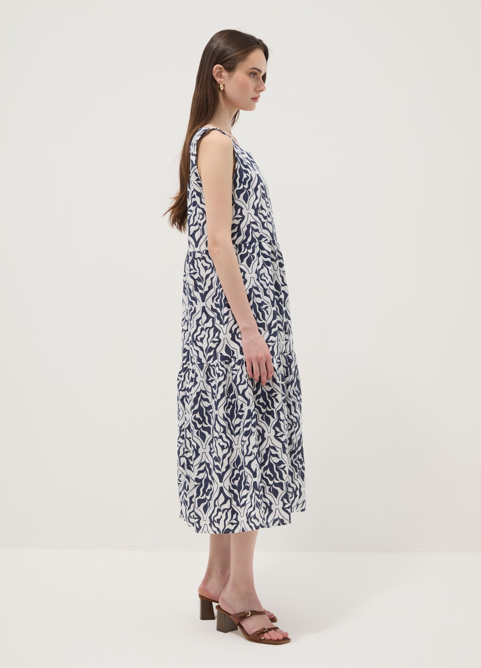 Blue stretch cotton midi dress with all-over print, regular fit