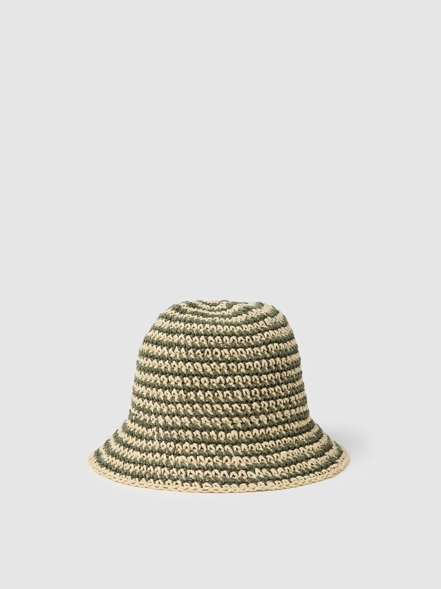 Green and beige striped cloche hat made of textile paper_0