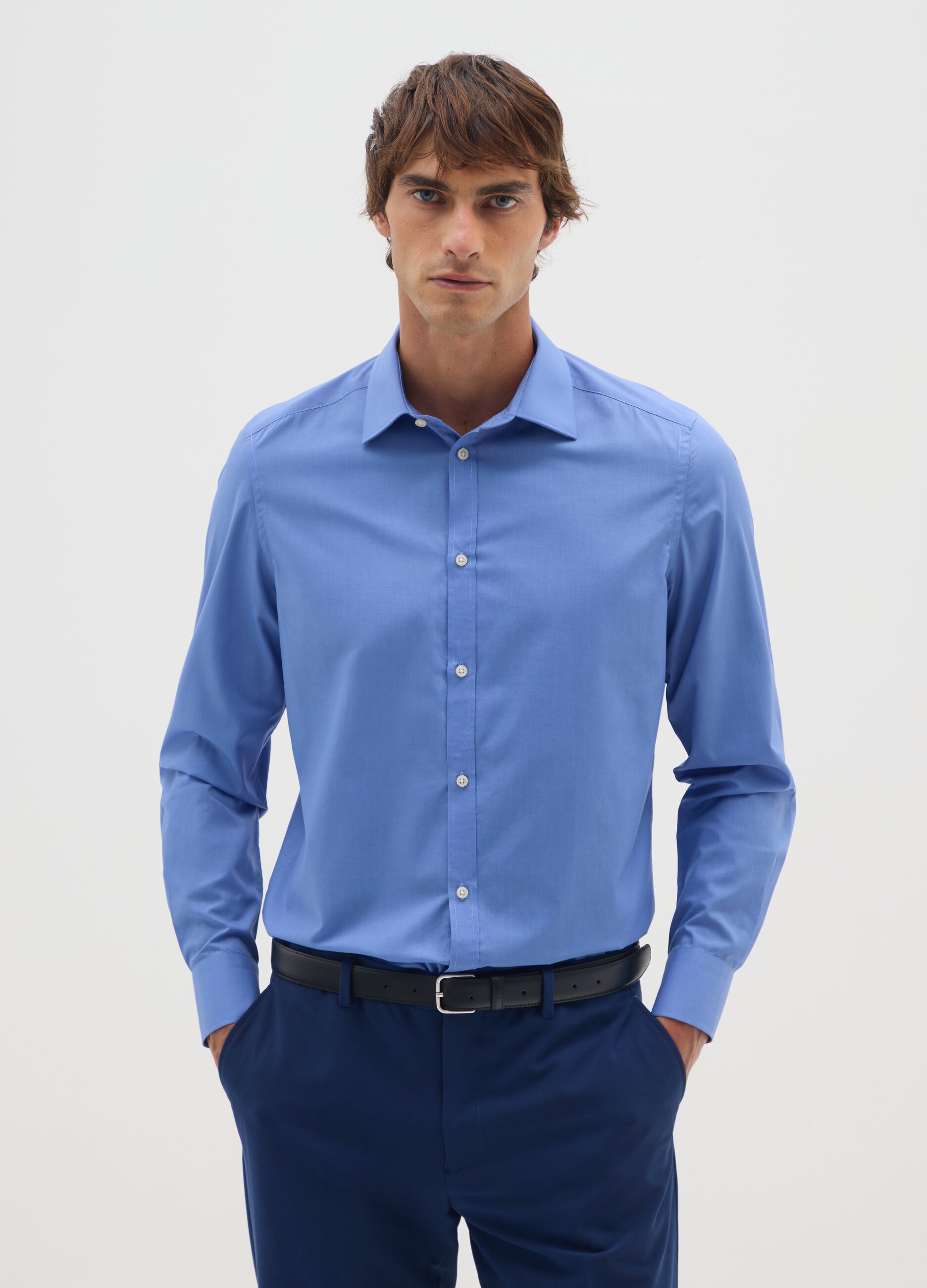 Slim Blue Cotton Blend Shirt