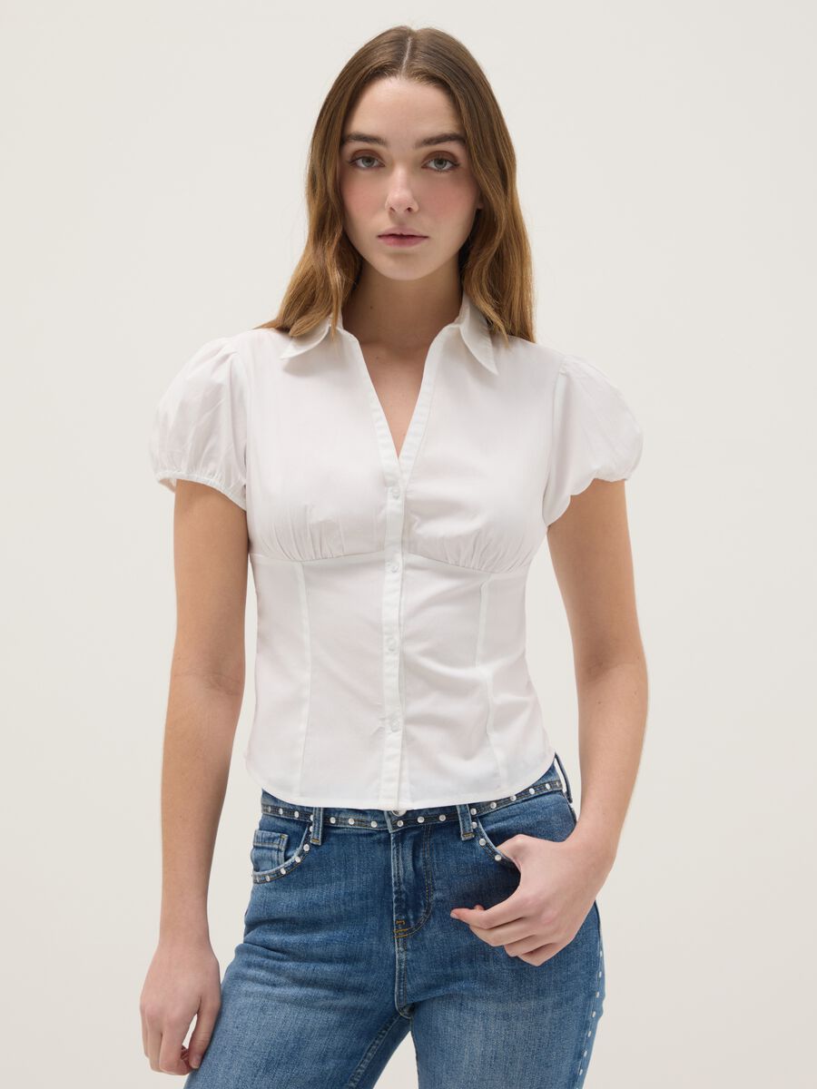 White regular-fit short-sleeve shirt in stretch cotton_0
