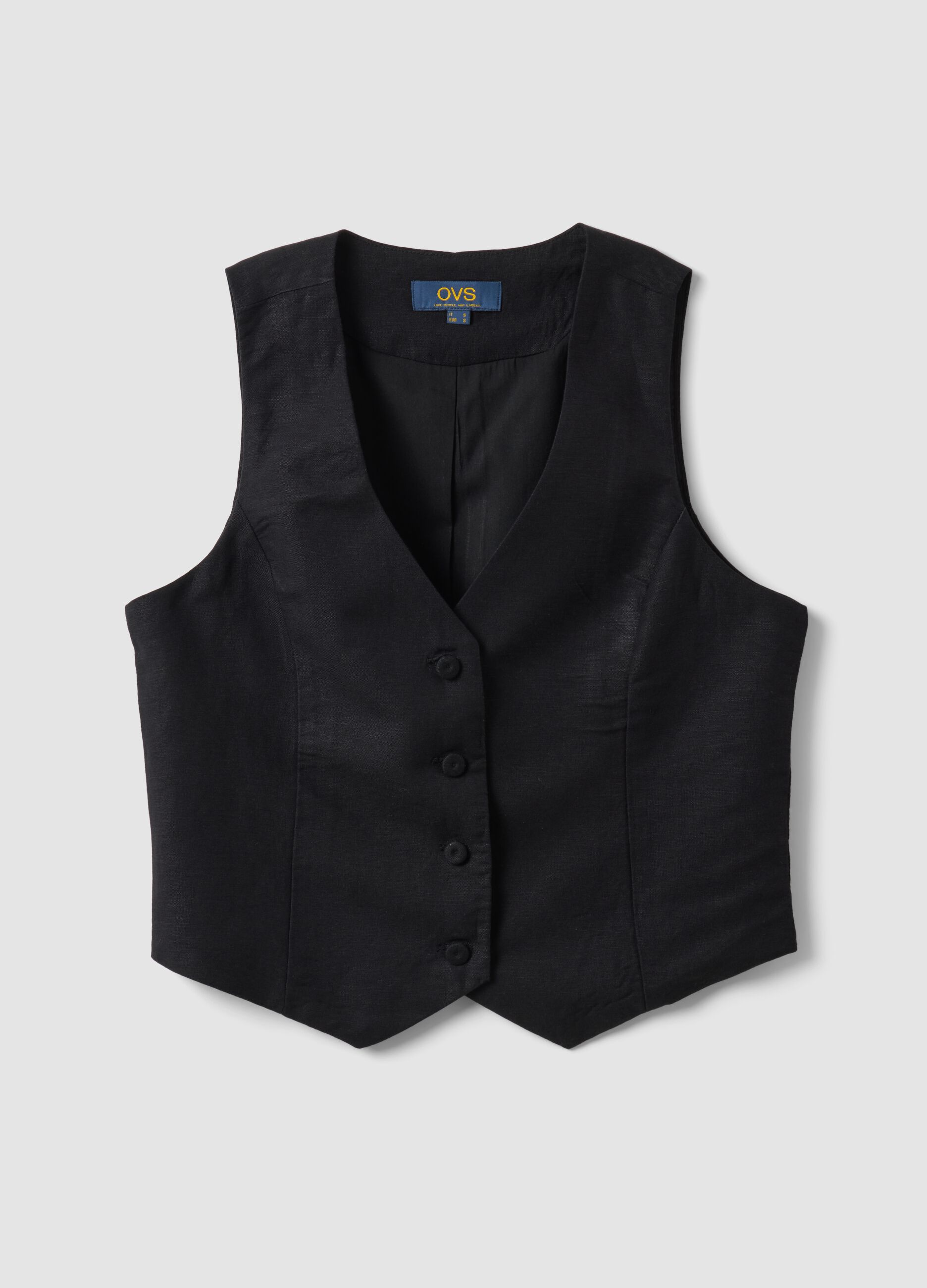 Black linen-blend slim-fit waistcoat with buttons