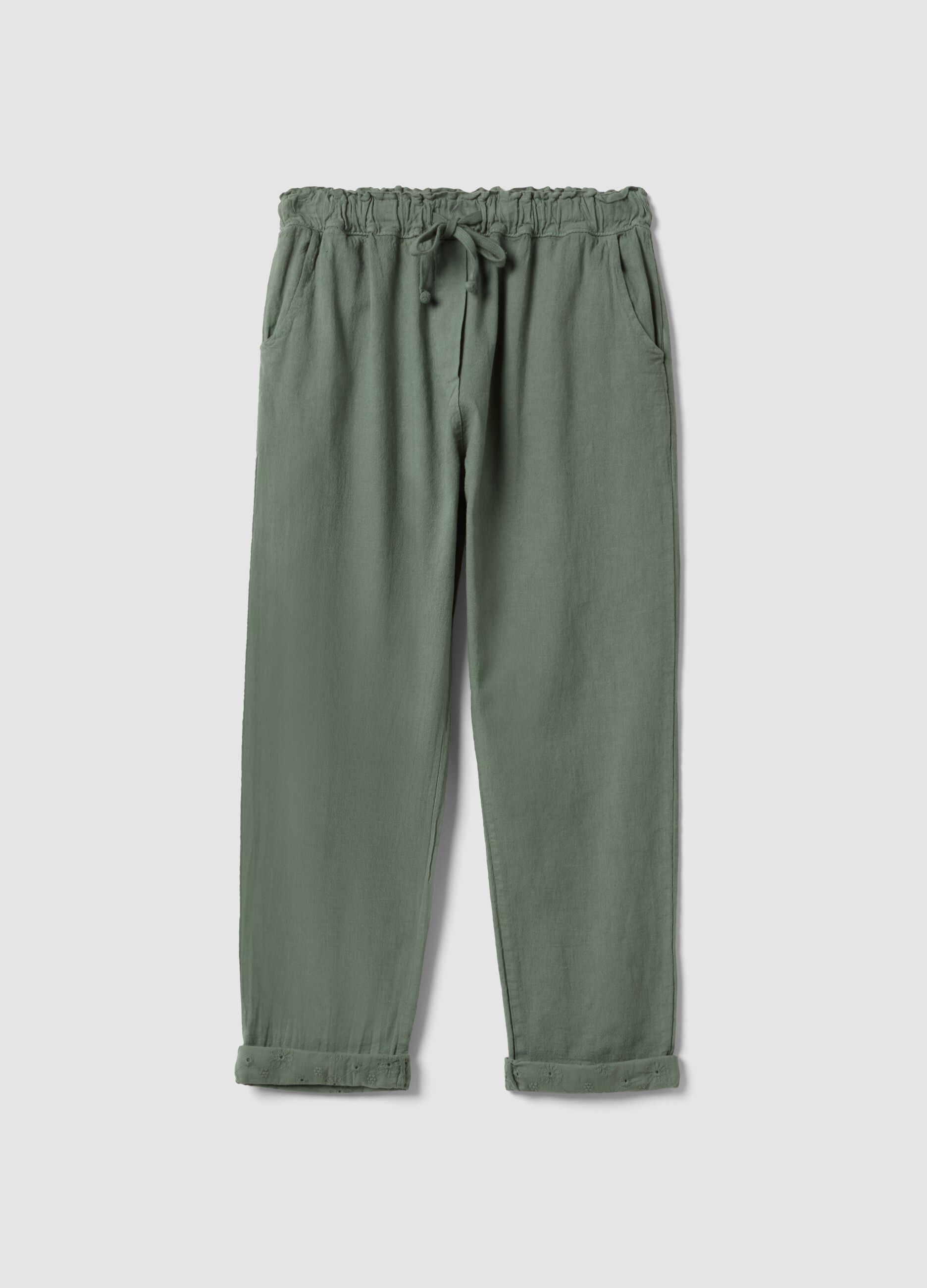 Green linen-cotton blend trousers with elasticated waist, regular fit