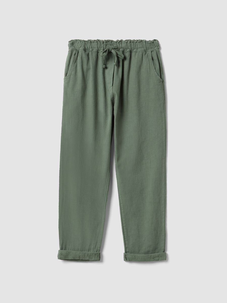 Green linen-cotton blend trousers with elasticated waist, regular fit_0