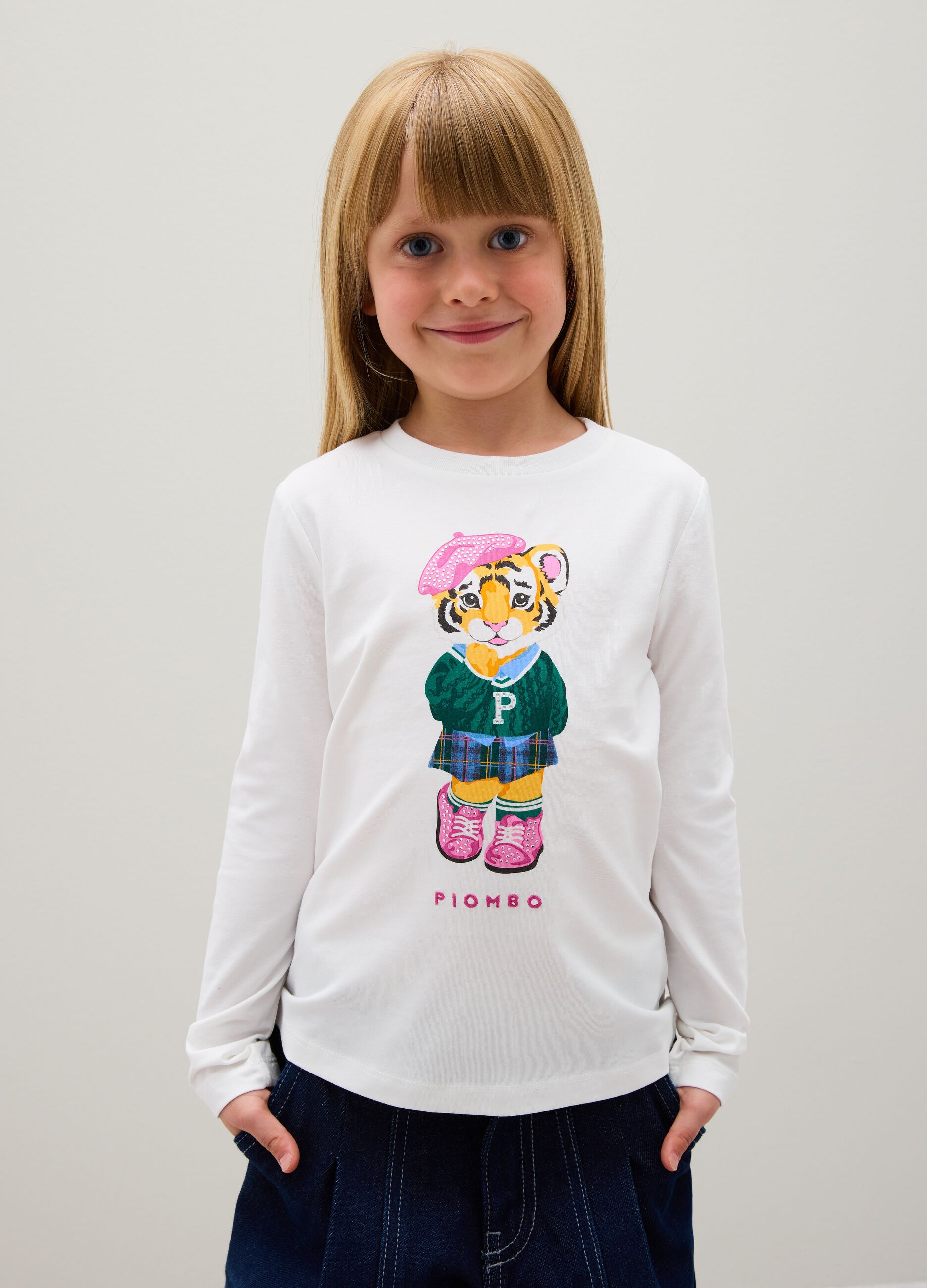 Girls' white regular fit stretch cotton t-shirt