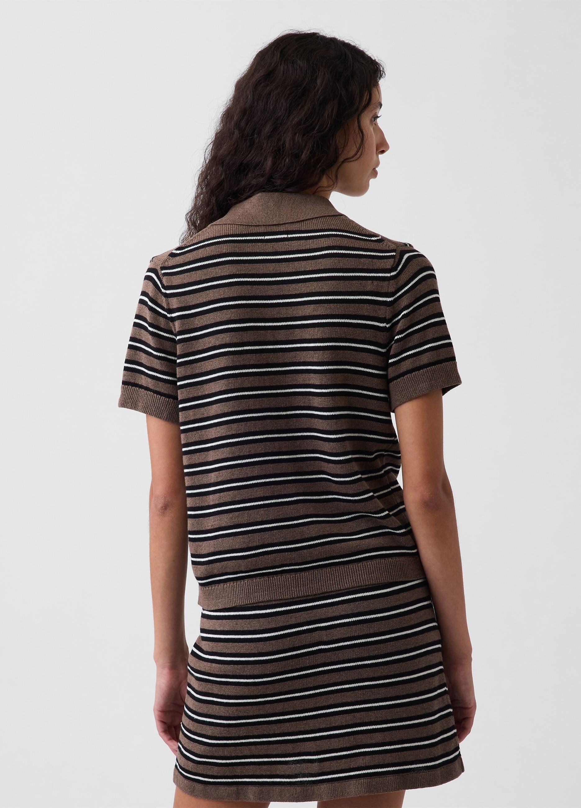 Brown pure cotton striped polo knit top