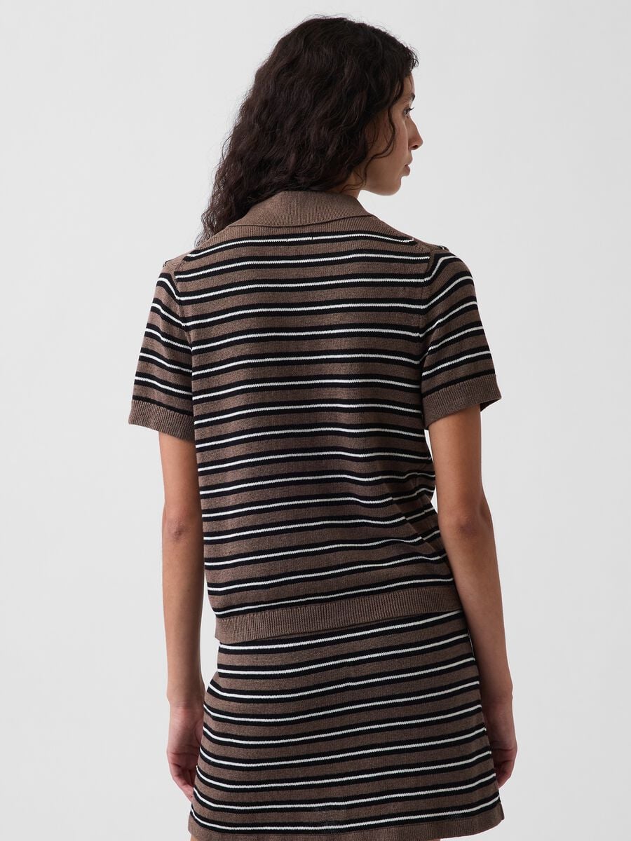 Brown pure cotton striped polo knit top_1
