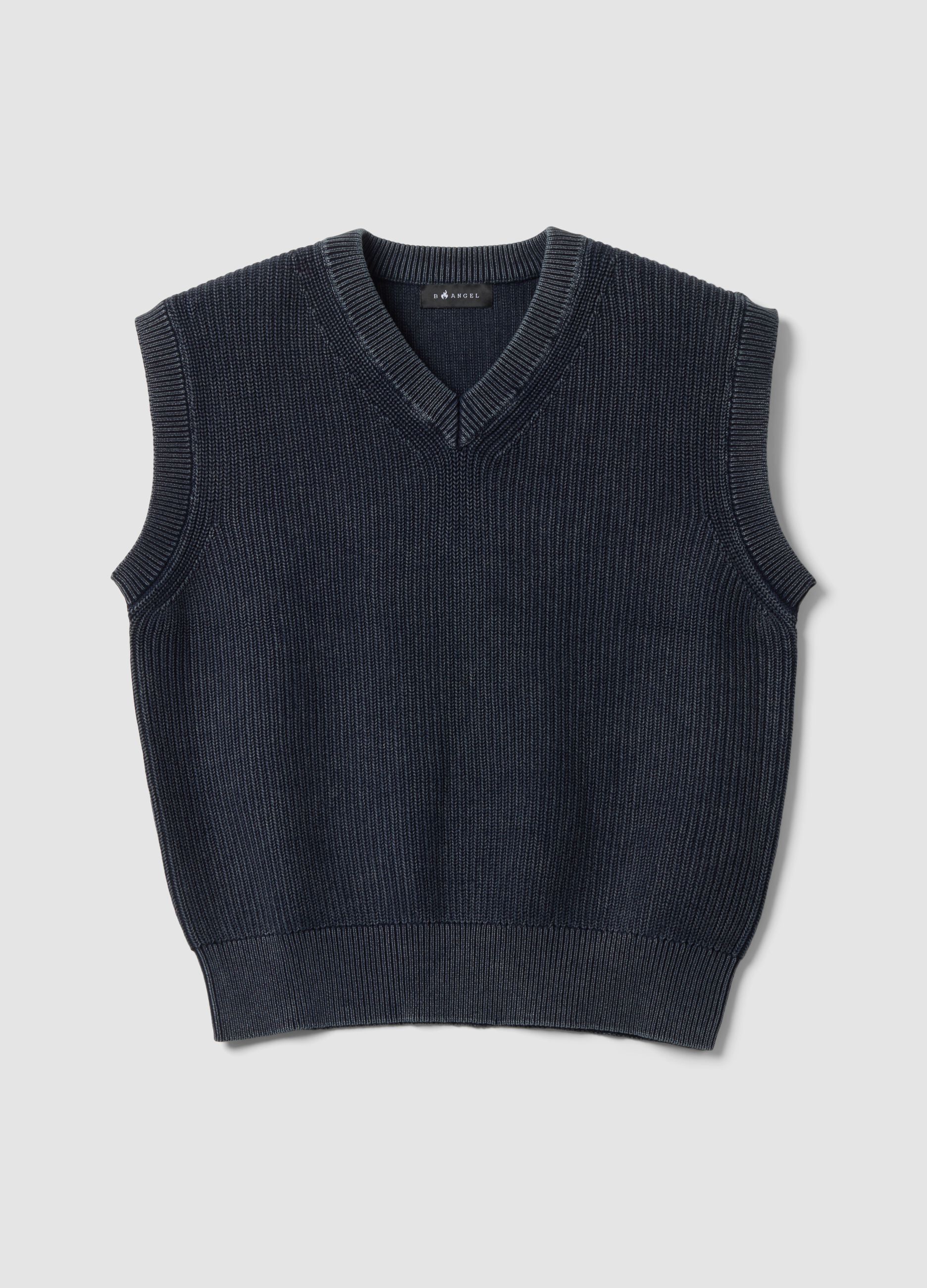 Blue cropped pure cotton vest with deep V-neck