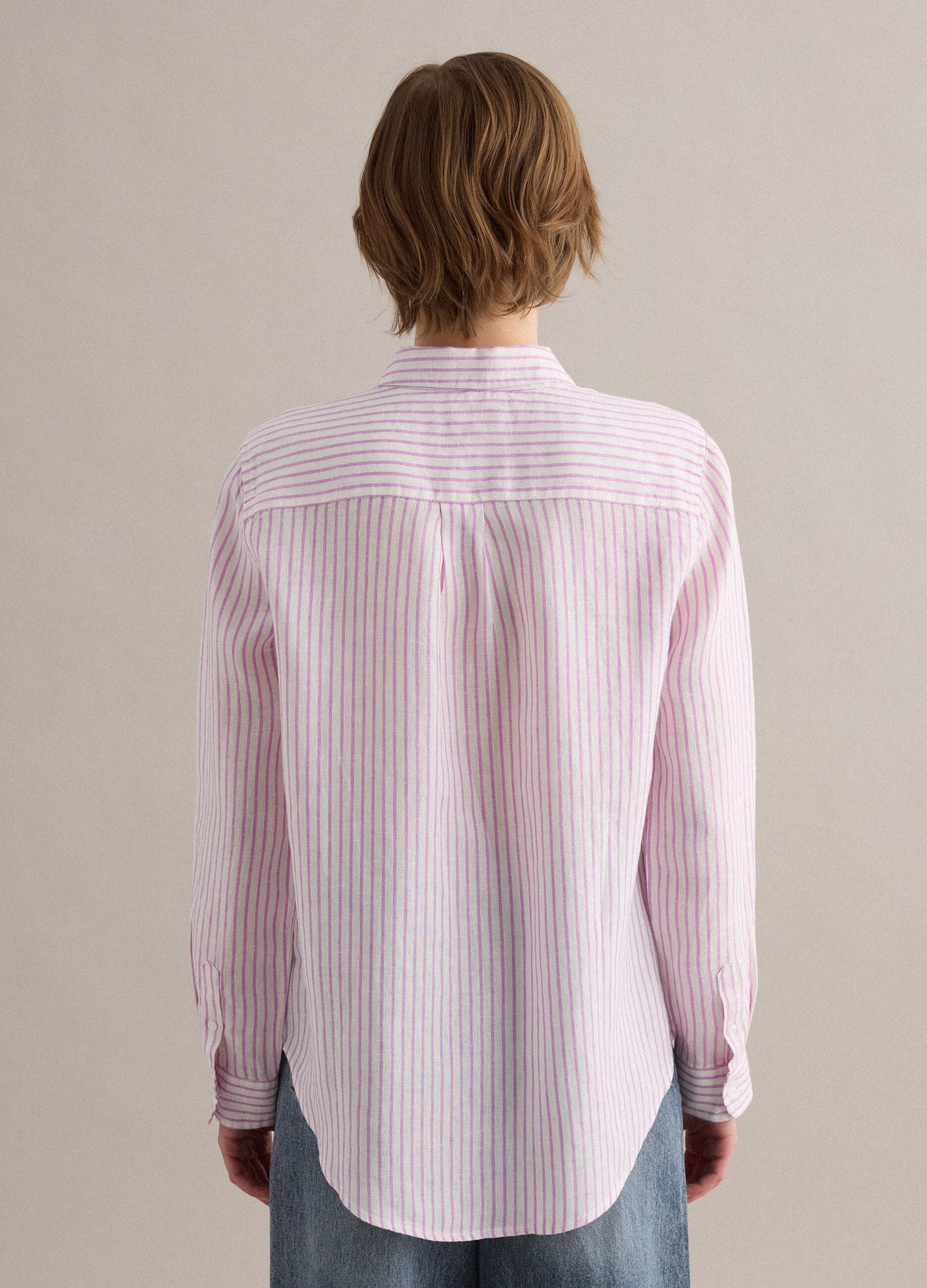 White and pink striped pure linen shirt, regular fit
