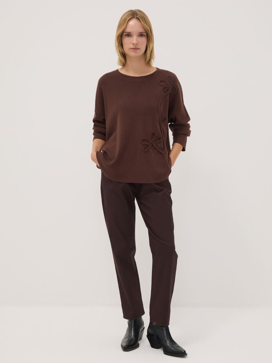Brown viscose-blend jumper with floral appliqu&eacute;s, regular fit_1