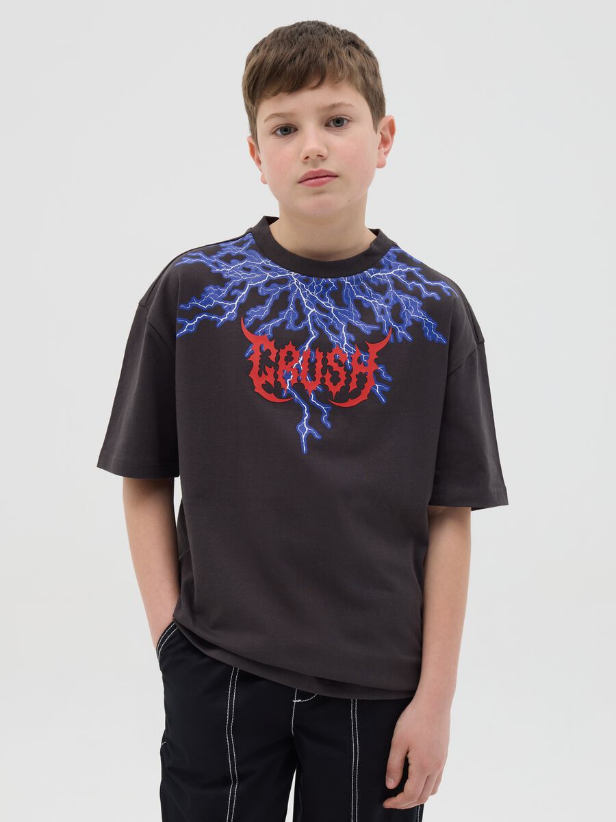Cotton T-shirt with "Crush" lightning print_0