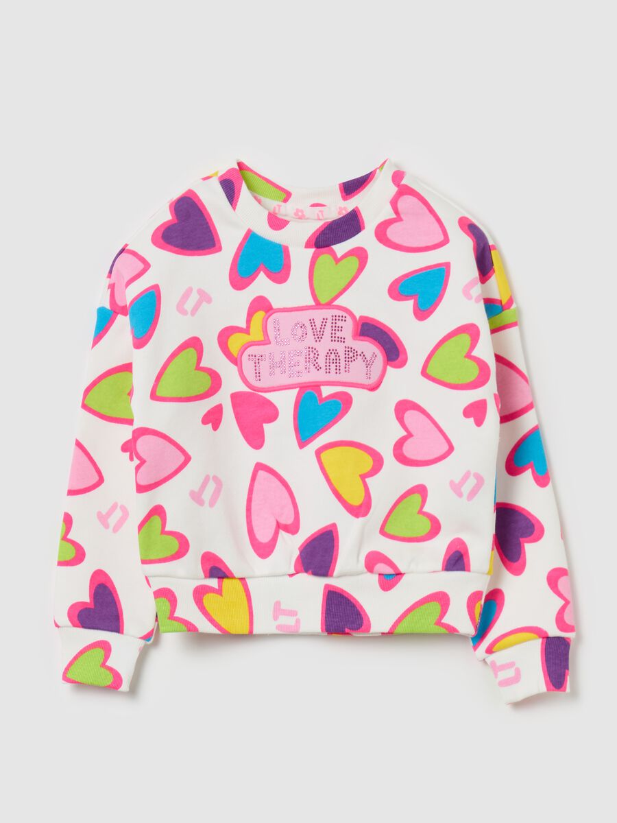 Sweatshirt with multicoloured hearts print and diamantés_0