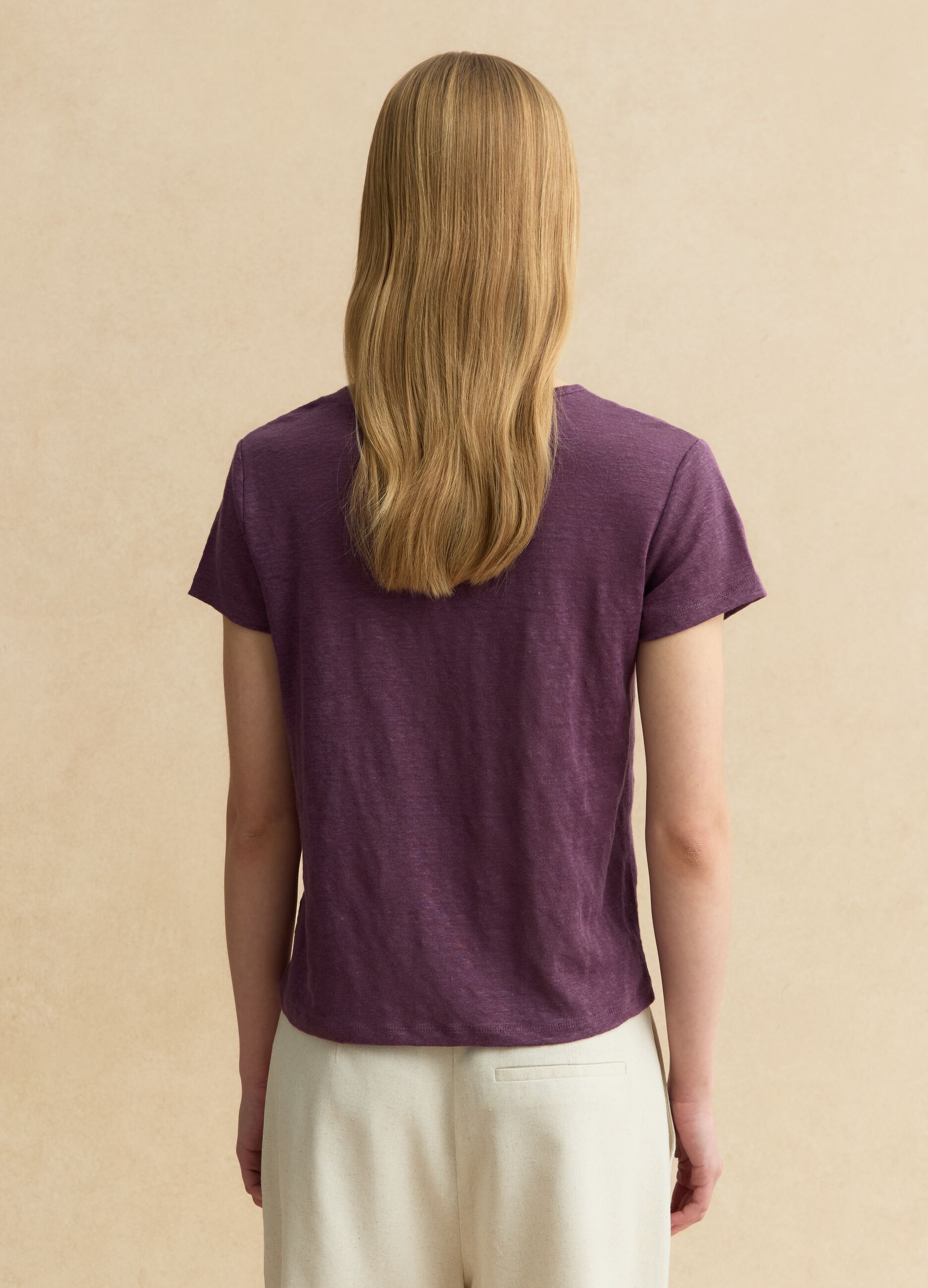 Purple short-sleeved pure linen T-shirt, regular fit