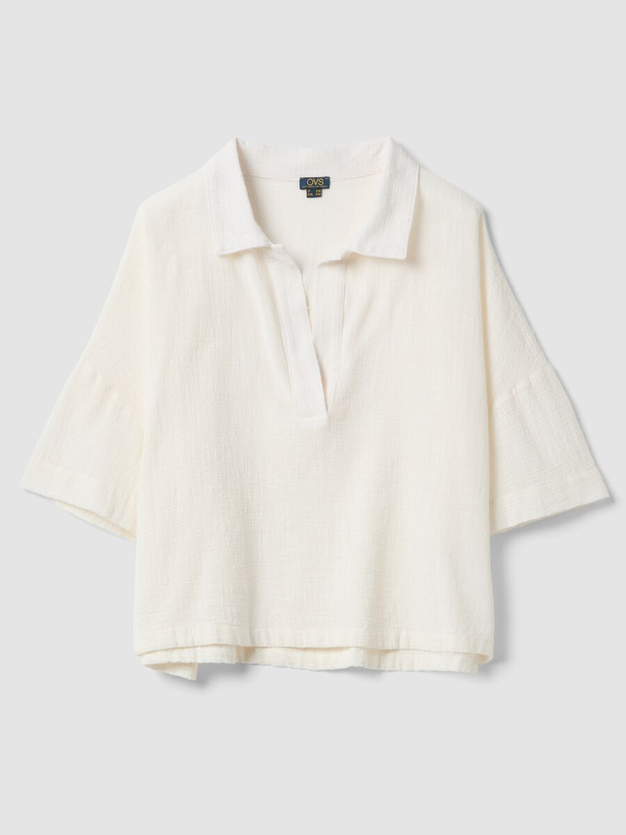 Short white pure cotton kaftan with V-neck_0