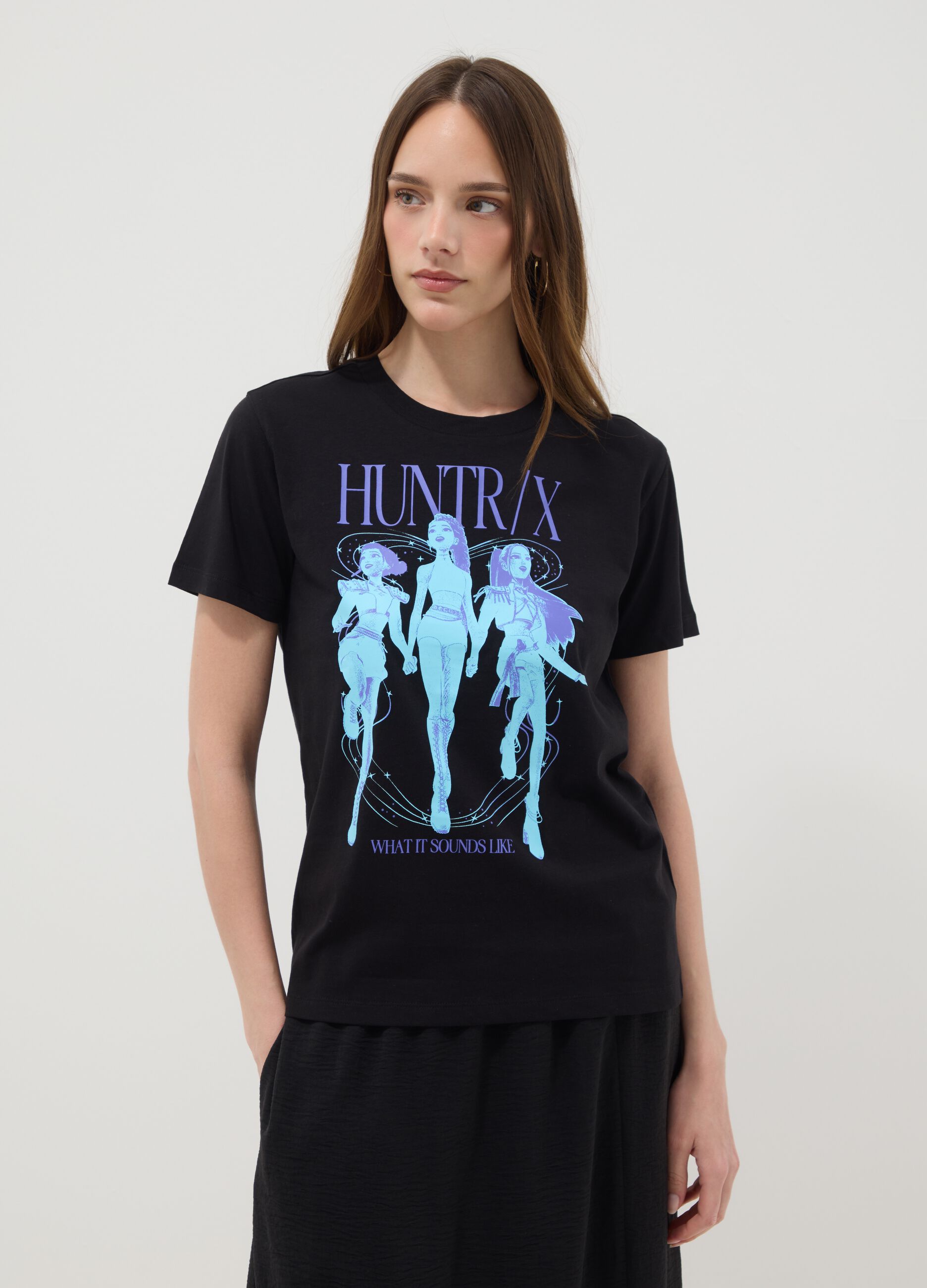 T-shirt nera in puro cotone con stampa K-Pop Demon Hunter oversize fit