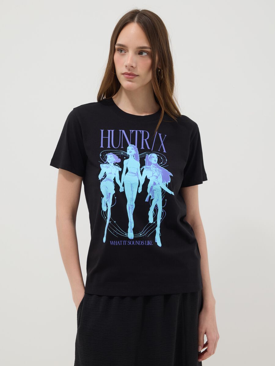 T-shirt nera in puro cotone con stampa K-Pop Demon Hunter oversize fit_0