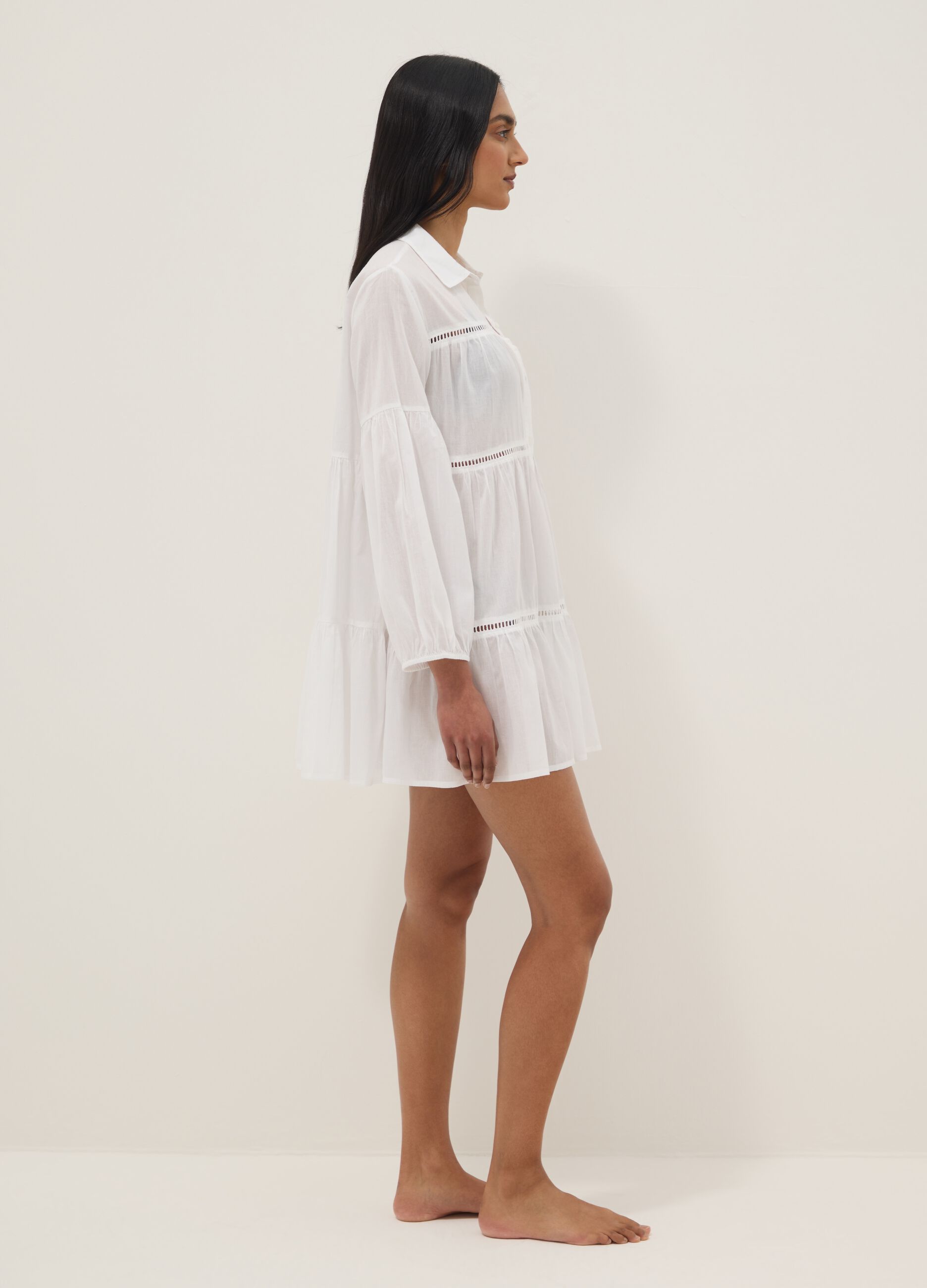 White pure organic cotton kaftan with ruffles and broderie inserts