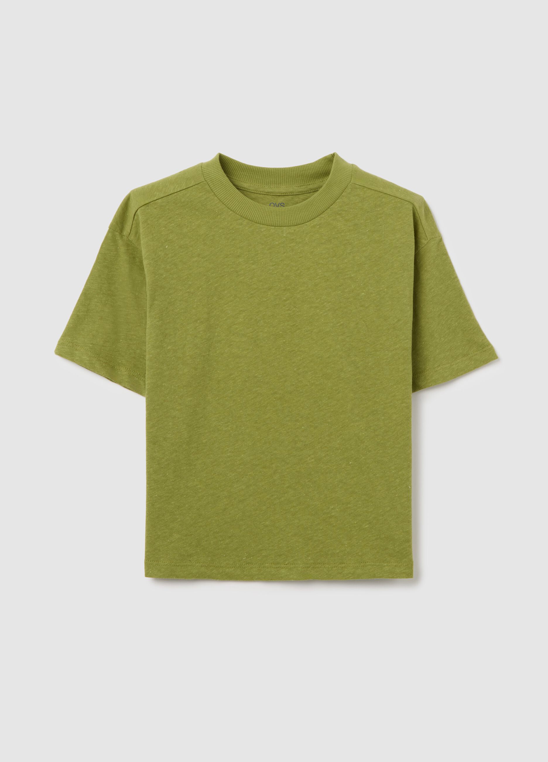 Green short-sleeved T-shirt in cotton and linen