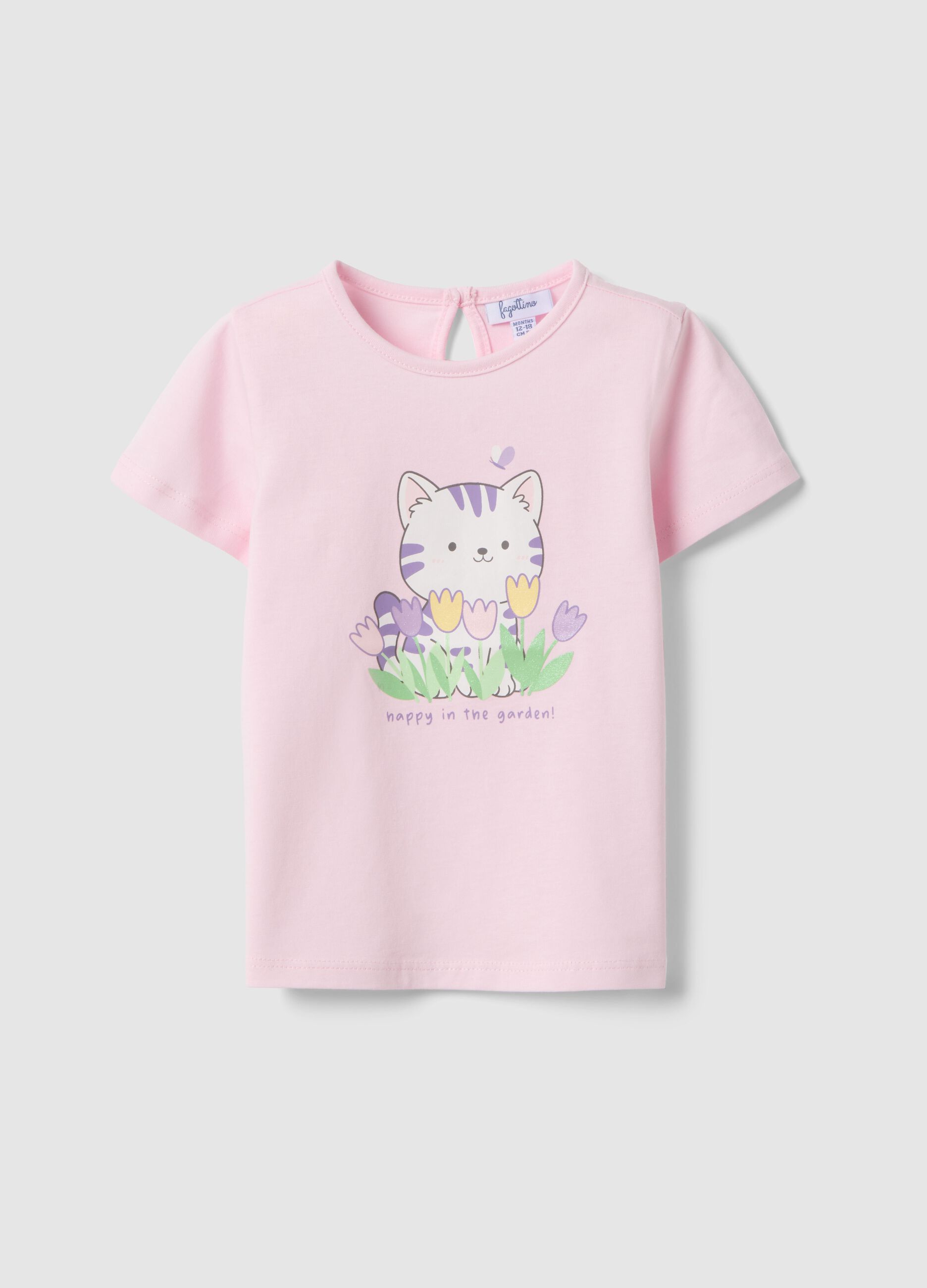 Girls' pink cotton T-shirt regular fit with cat