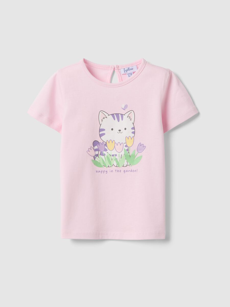 Girls' pink cotton T-shirt regular fit with cat_0