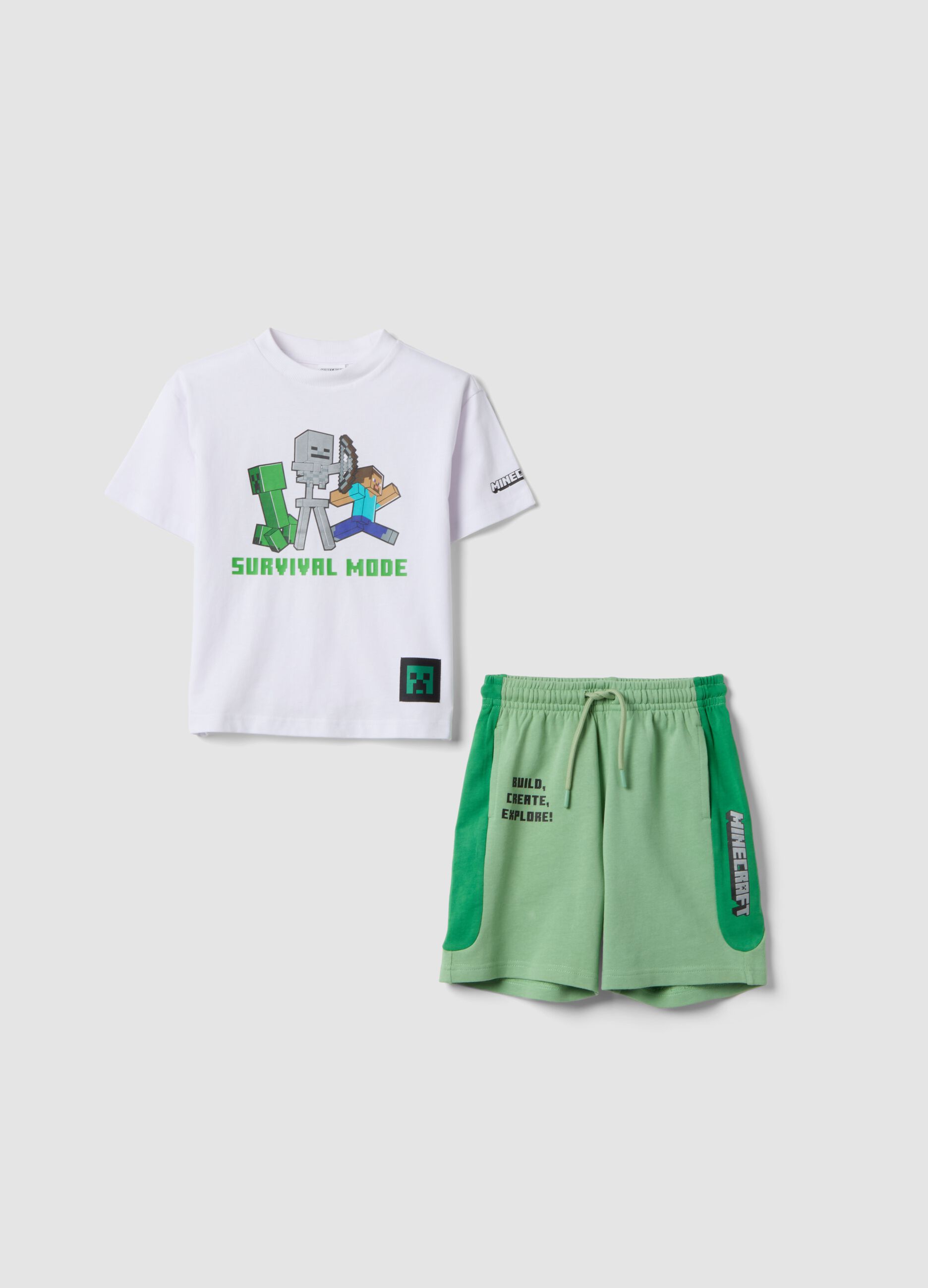 Completo bianco e verde in puro cotone con t-shirt e shorts per bambino over fit