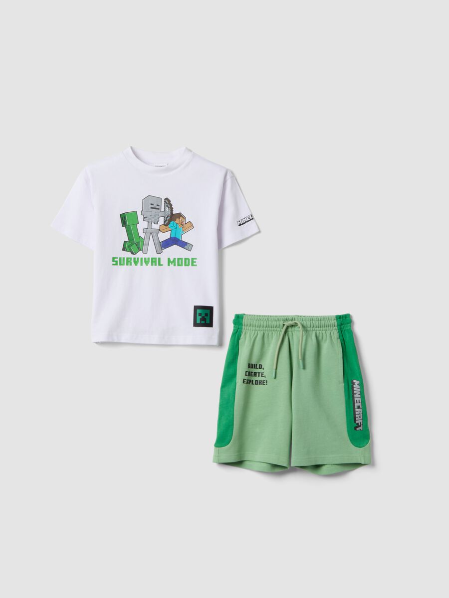 Completo bianco e verde in puro cotone con t-shirt e shorts per bambino over fit_0